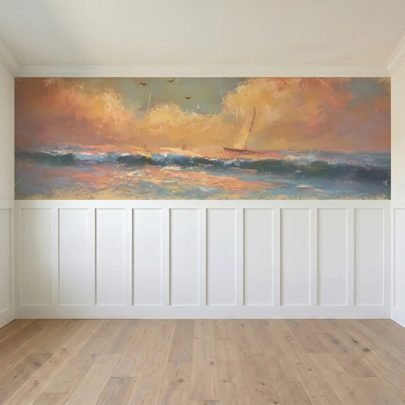 Full panel view of Chalk Ocean Sunset Glow Wainscoting Wallpaper by Whimsy Tots
