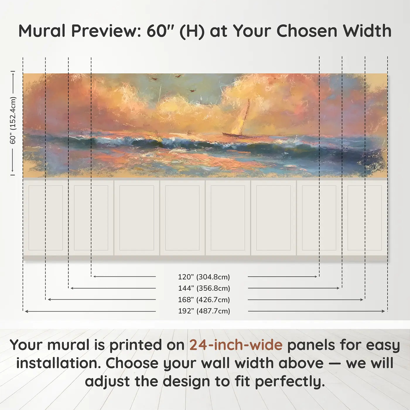 Panel dimensions for Chalk Ocean Sunset Glow Wainscoting Wallpaper by Whimsy Tots