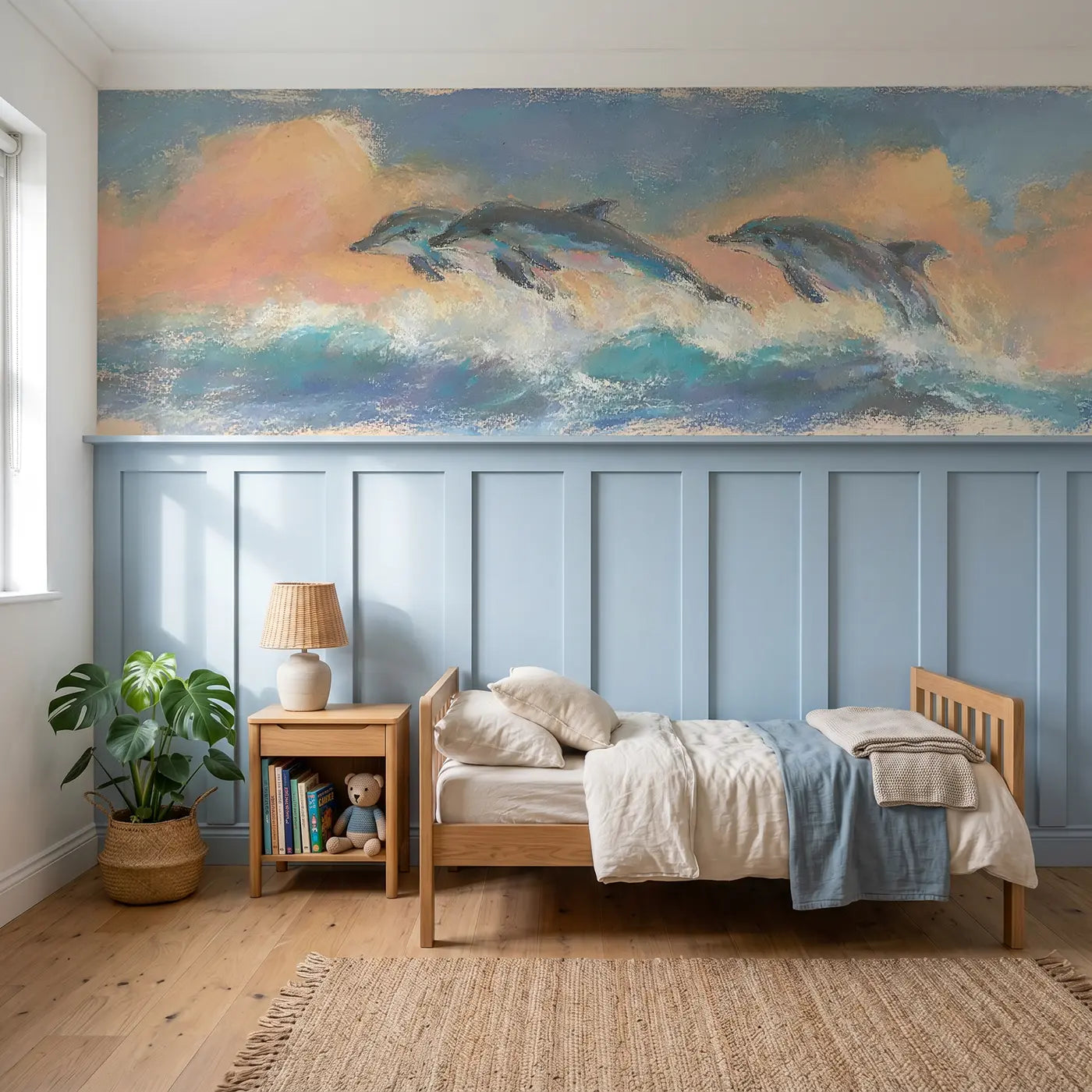Soft Pastel dolphin leap joy wainscoting wallpaper for nursery by Whimsy Tots