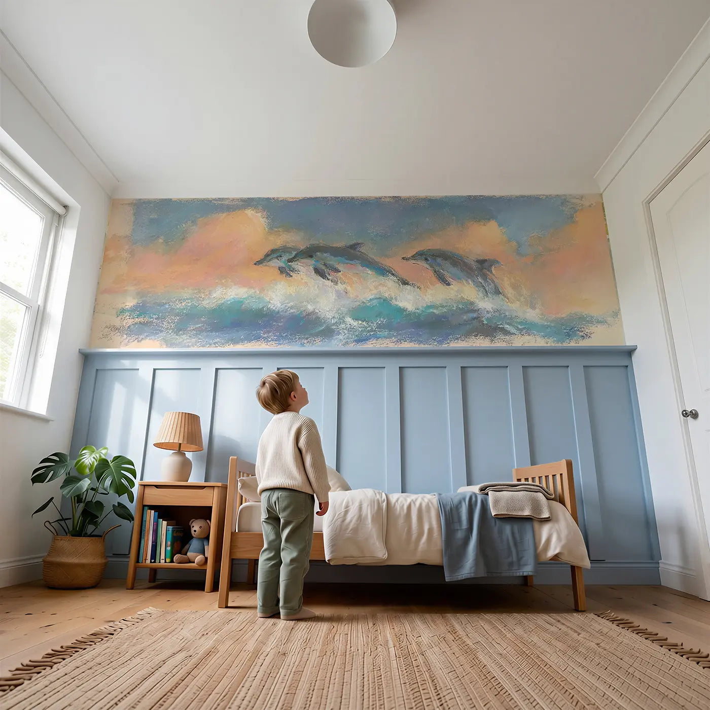 Child reading near Pastel Dolphin Leap Joy Wainscoting Wallpaper by Whimsy Tots