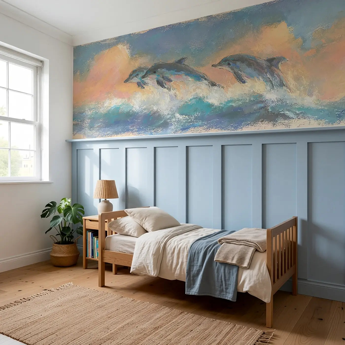 Pastel Dolphin Leap Joy Wainscoting Wallpaper styled in a kids bedroom by Whimsy Tots