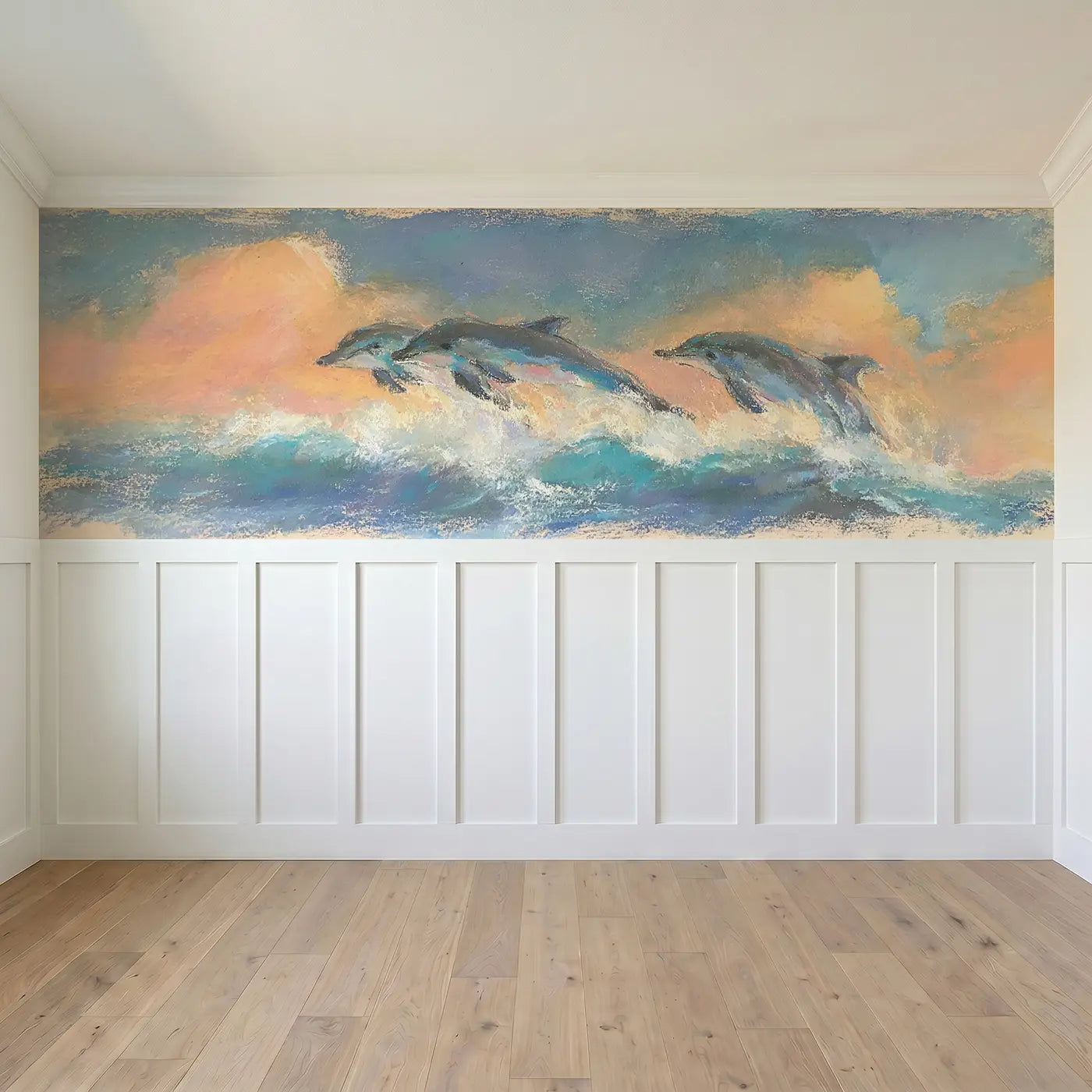 Full panel view of Pastel Dolphin Leap Joy Wainscoting Wallpaper by Whimsy Tots