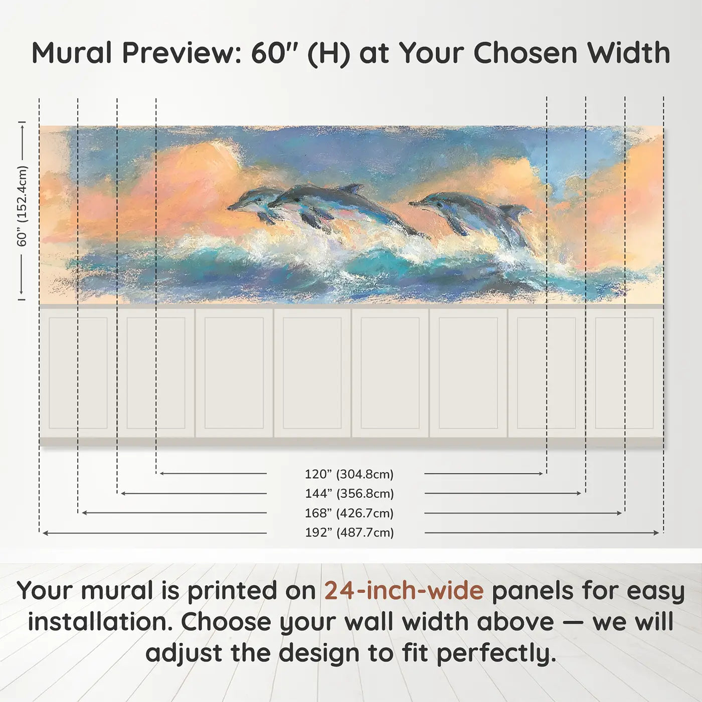 Panel dimensions for Pastel Dolphin Leap Joy Wainscoting Wallpaper by Whimsy Tots