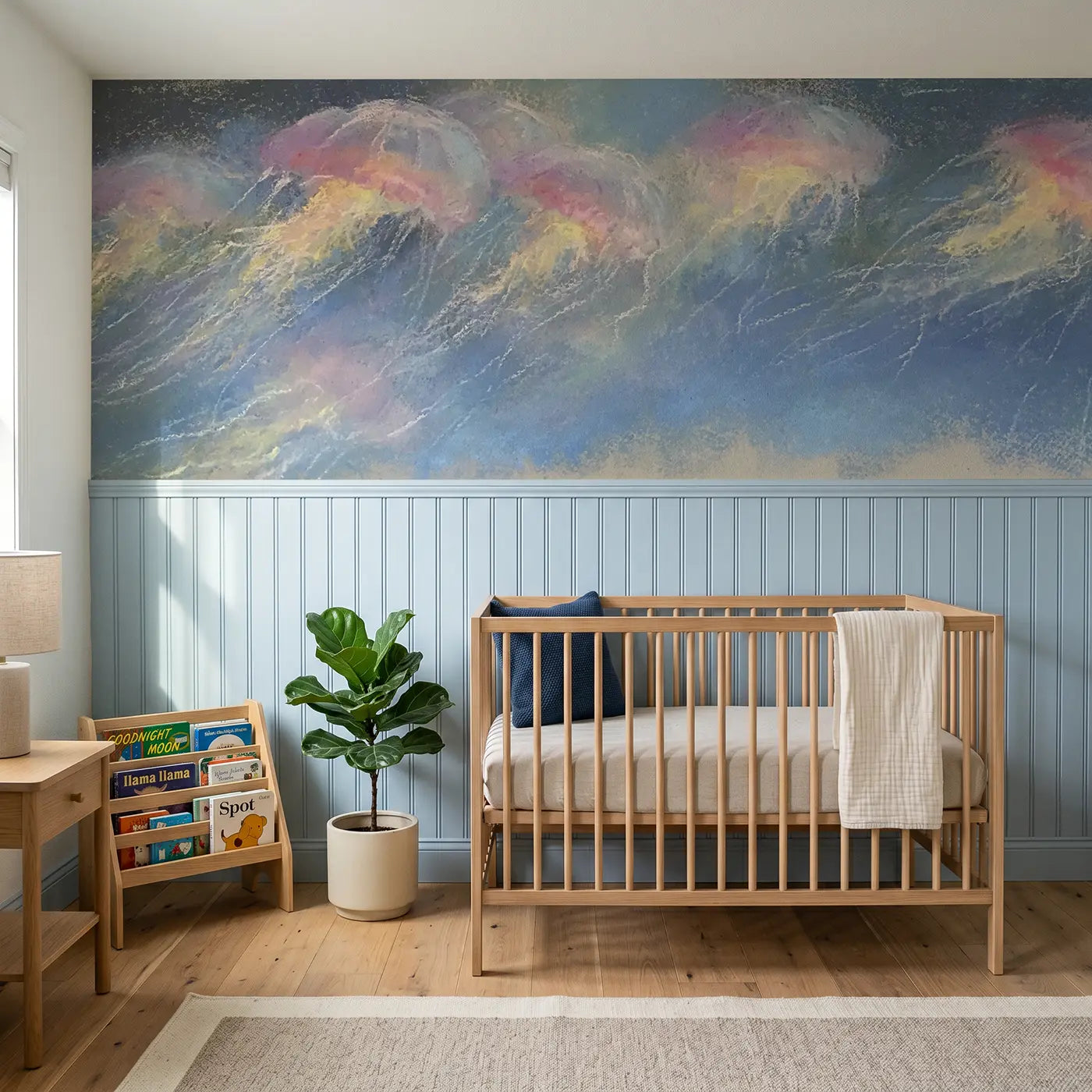 Soft Pastel chalk jellyfish glow drift wainscoting wallpaper for nursery by Whimsy Tots