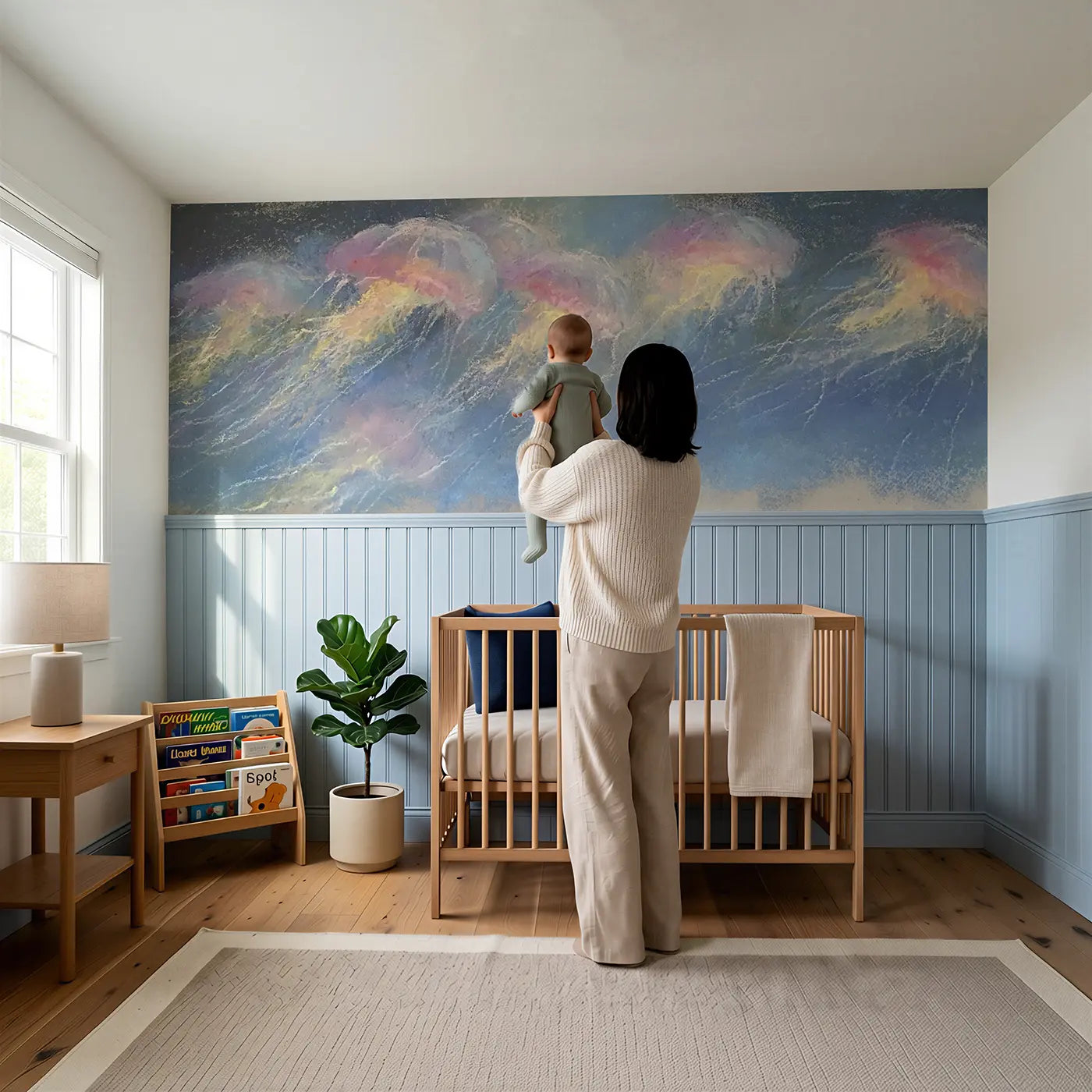 Child reading near Chalk Jellyfish Glow Drift Wainscoting Wallpaper by Whimsy Tots