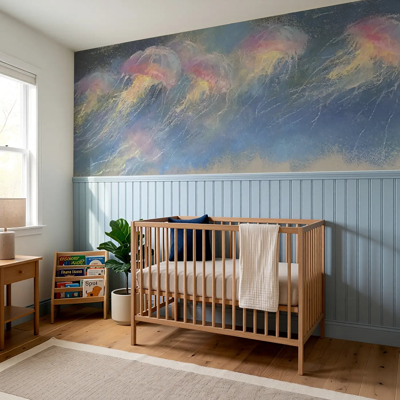 Chalk Jellyfish Glow Drift Wainscoting Wallpaper styled in a kids bedroom by Whimsy Tots