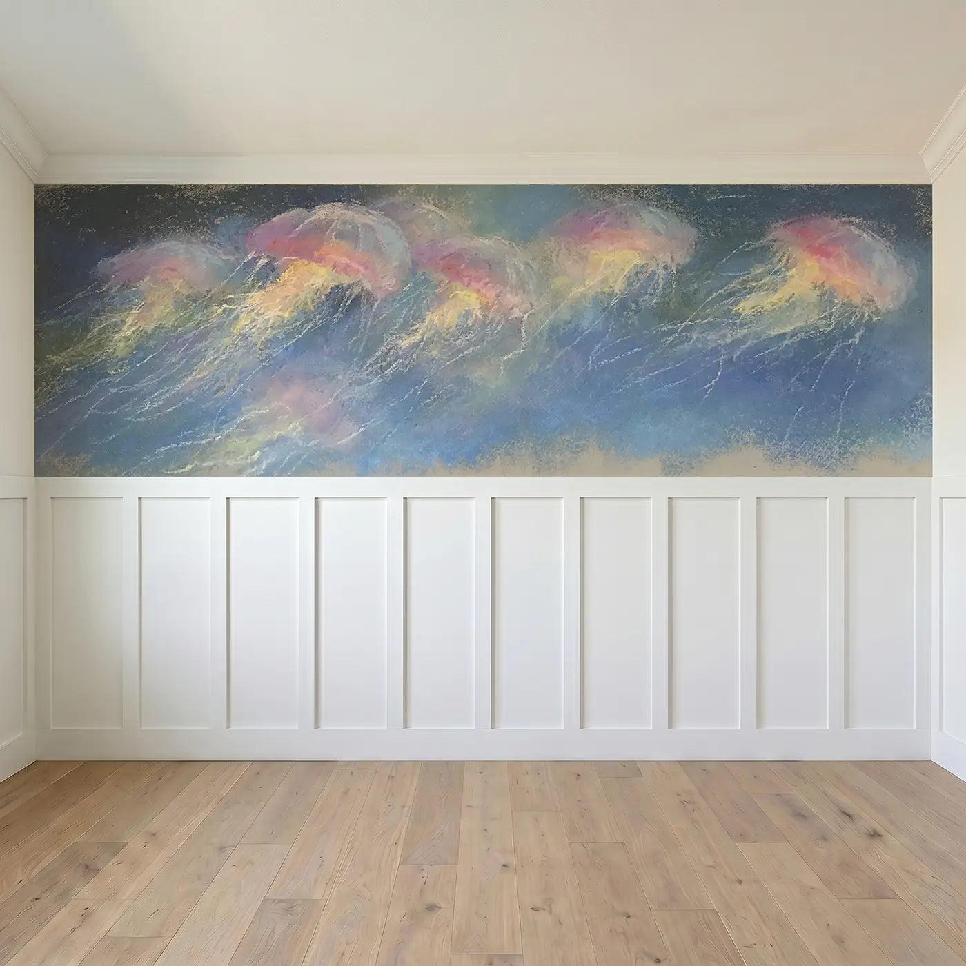 Full panel view of Chalk Jellyfish Glow Drift Wainscoting Wallpaper by Whimsy Tots