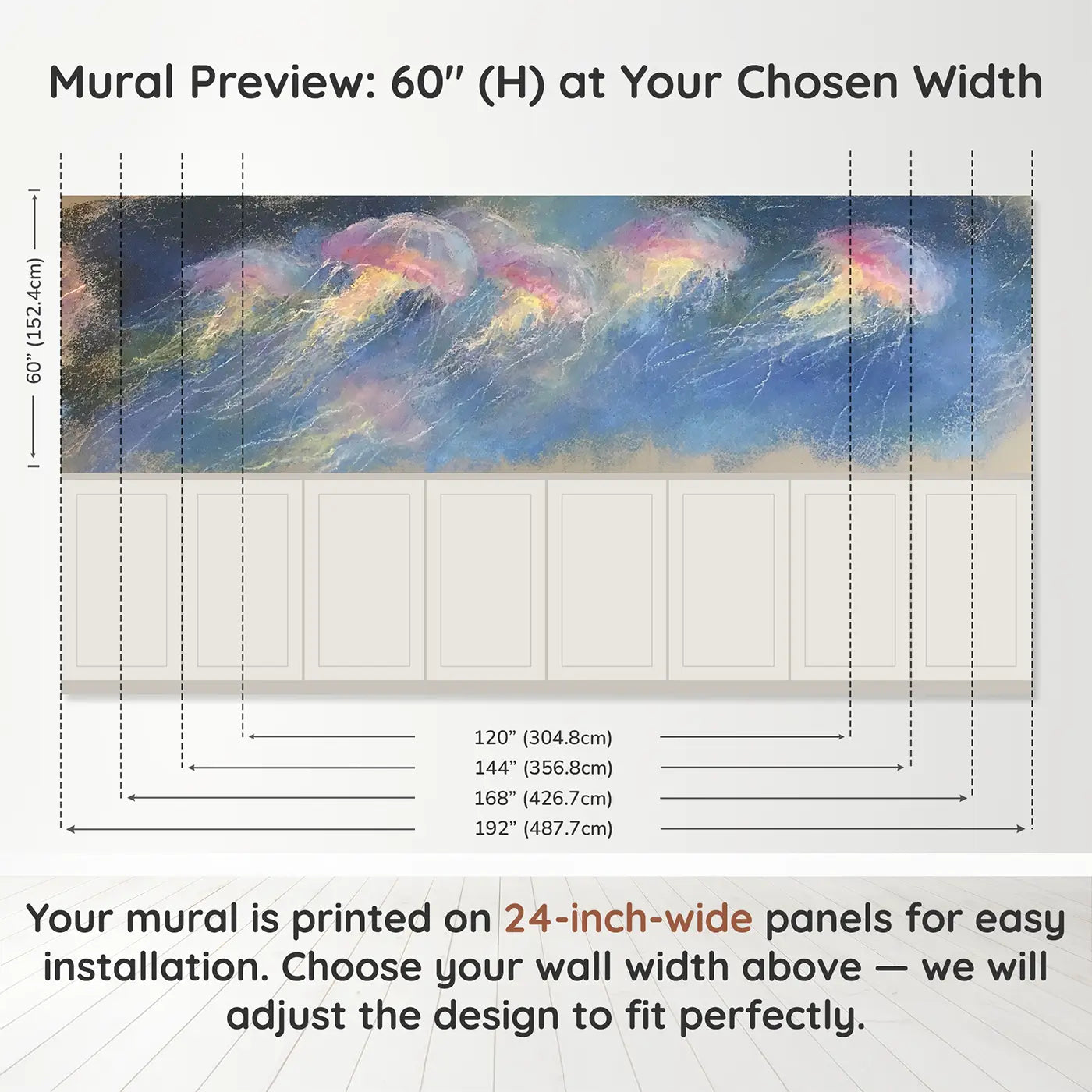 Panel dimensions for Chalk Jellyfish Glow Drift Wainscoting Wallpaper by Whimsy Tots