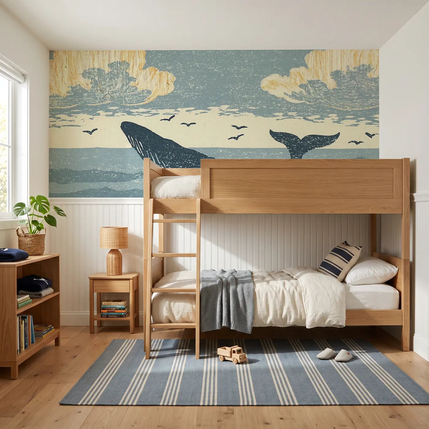 Block Print carved whale horizon wainscoting wallpaper for bedroom by Whimsy Tots