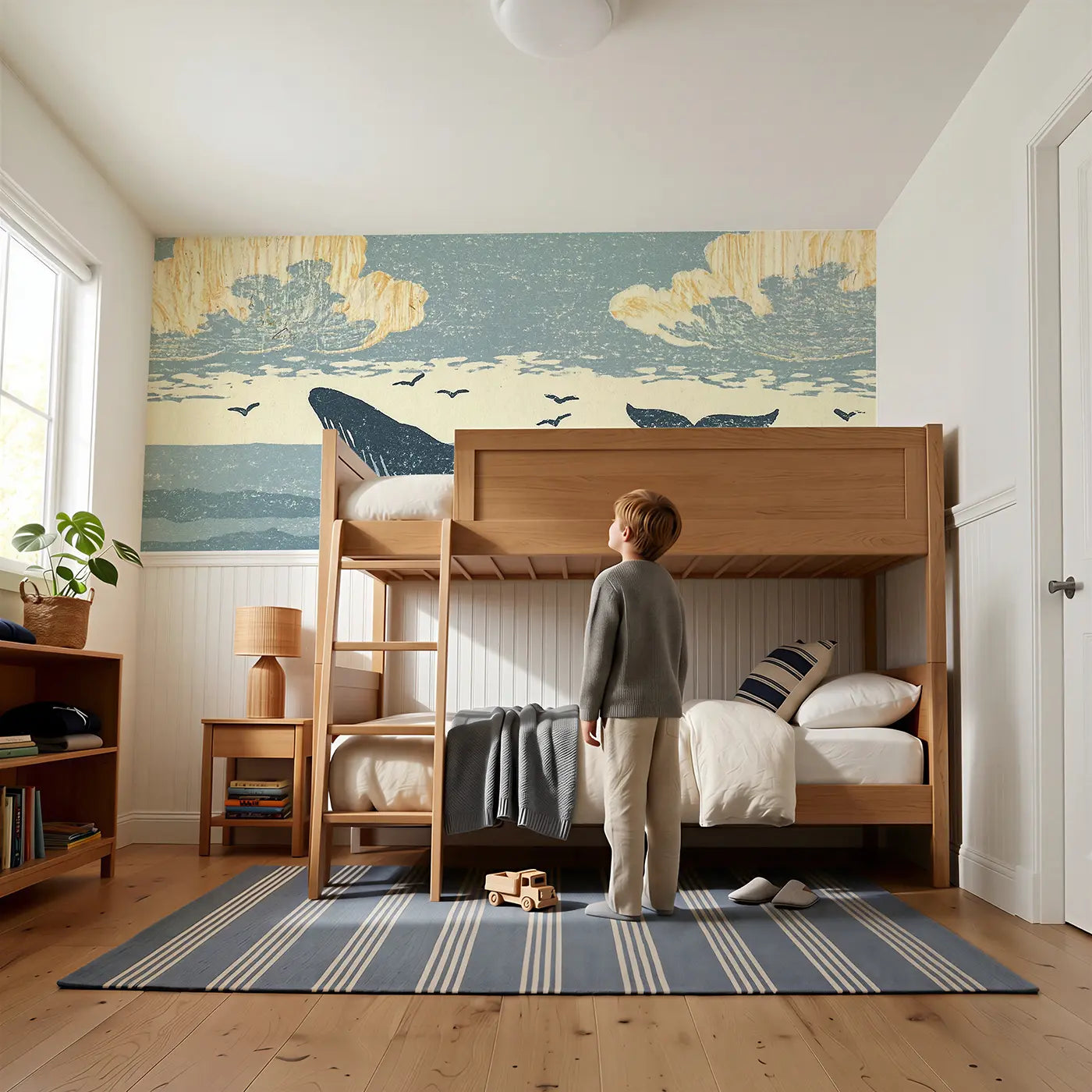 Child reading near Carved Whale Horizon Wainscoting Wallpaper by Whimsy Tots