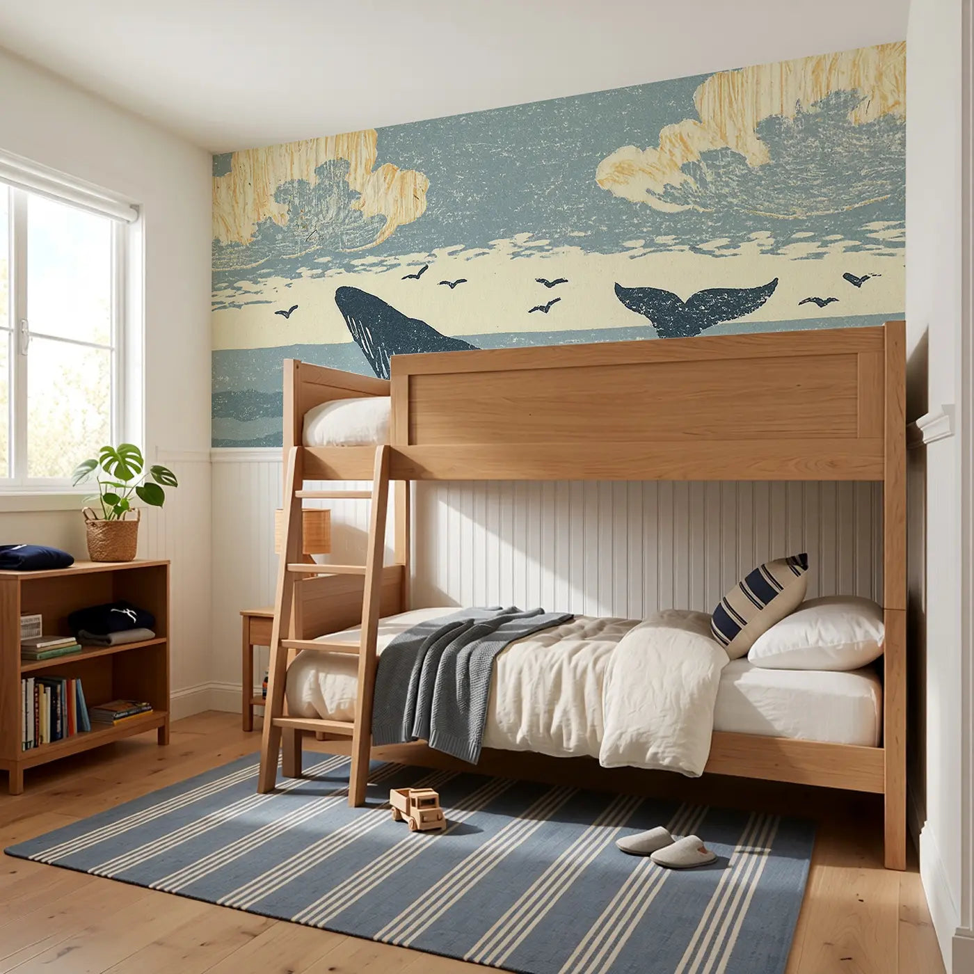 Carved Whale Horizon Wainscoting Wallpaper styled in a kids bedroom by Whimsy Tots