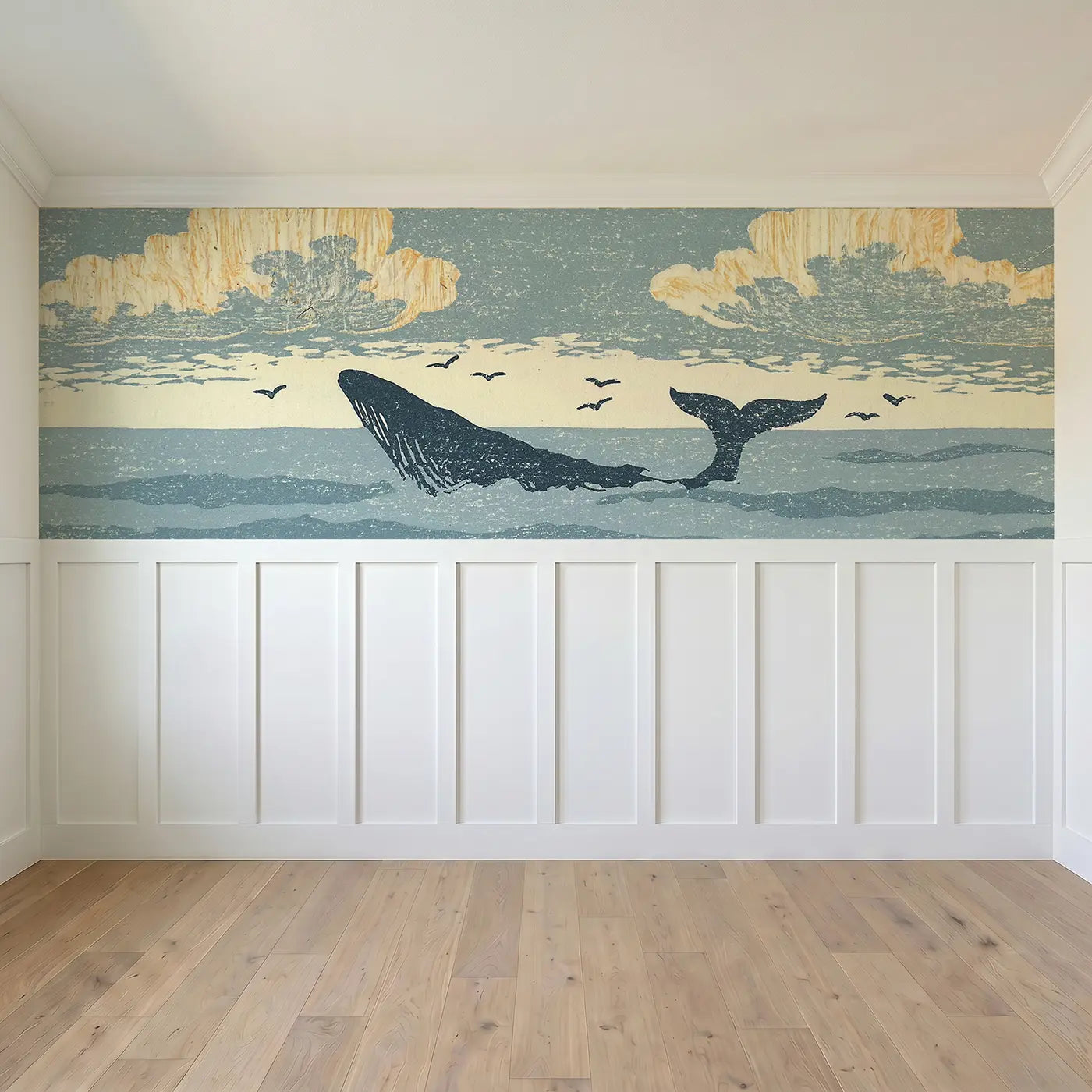 Full panel view of Carved Whale Horizon Wainscoting Wallpaper by Whimsy Tots