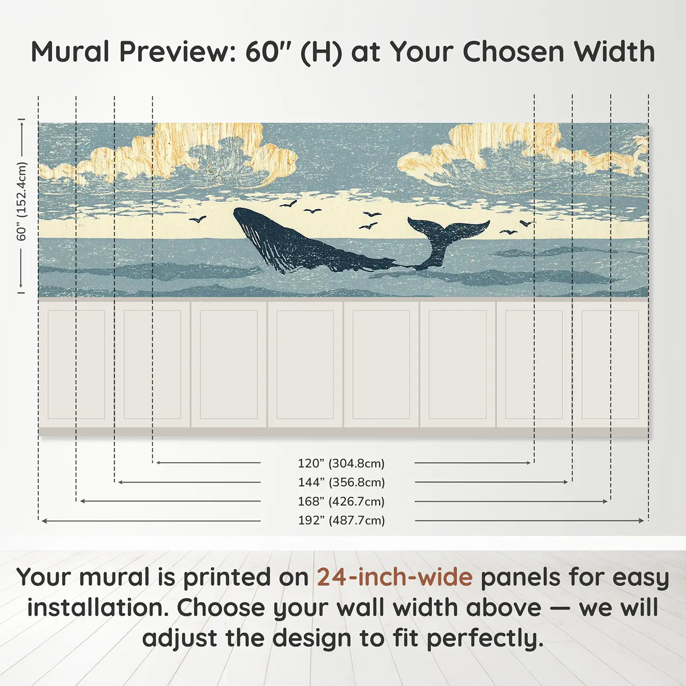 Panel dimensions for Carved Whale Horizon Wainscoting Wallpaper by Whimsy Tots