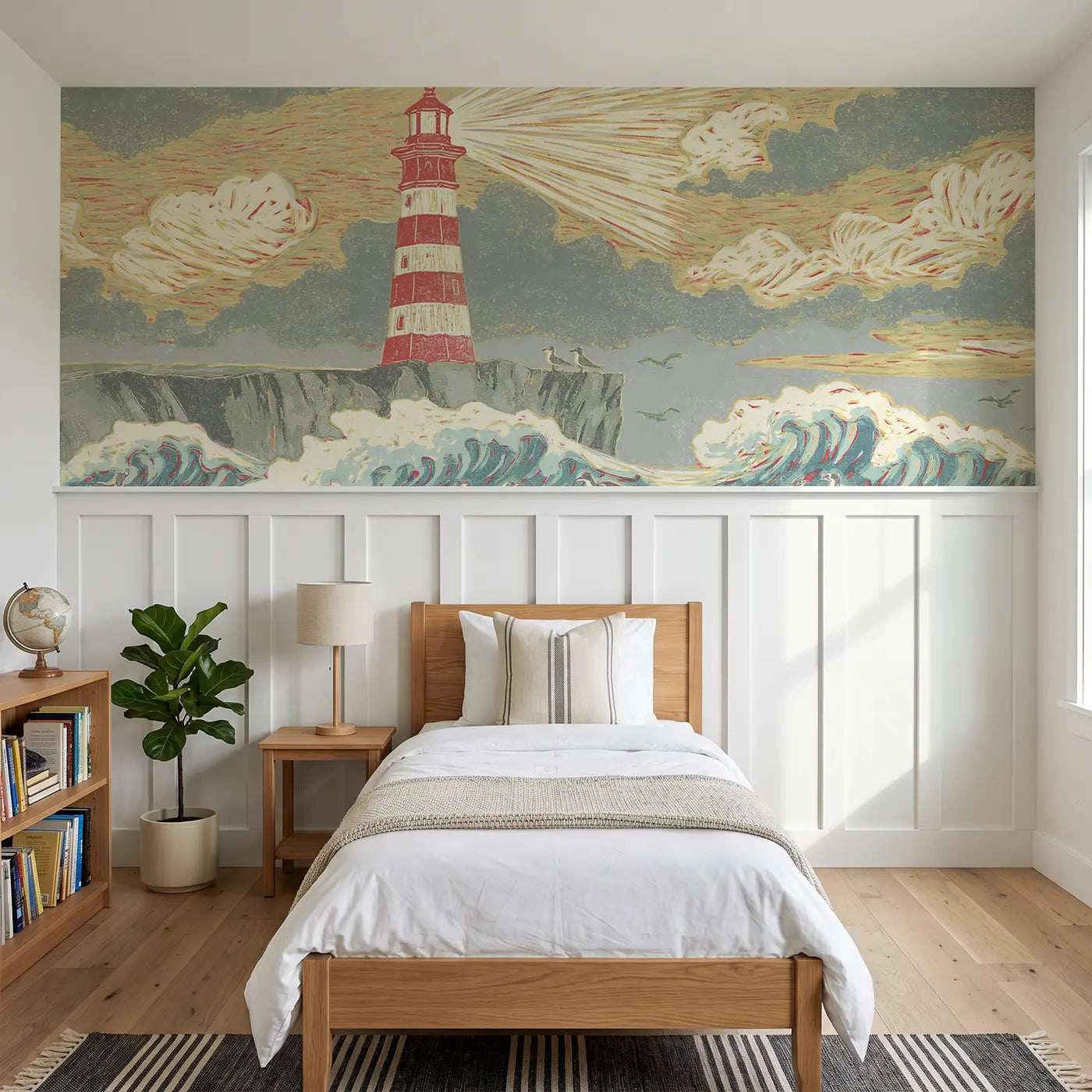 Block Print lighthouse wave wainscoting wallpaper for bedroom by Whimsy Tots