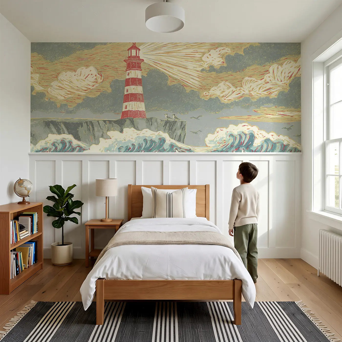 Child reading near Block Print Lighthouse Wave Wainscoting Wallpaper by Whimsy Tots