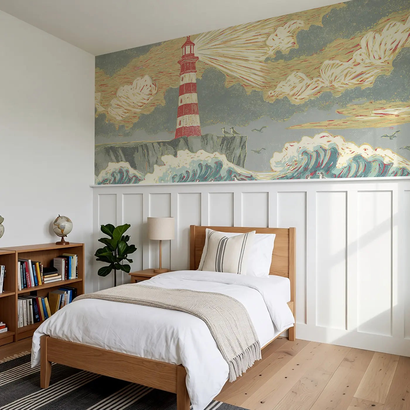 Block Print Lighthouse Wave Wainscoting Wallpaper styled in a kids bedroom by Whimsy Tots