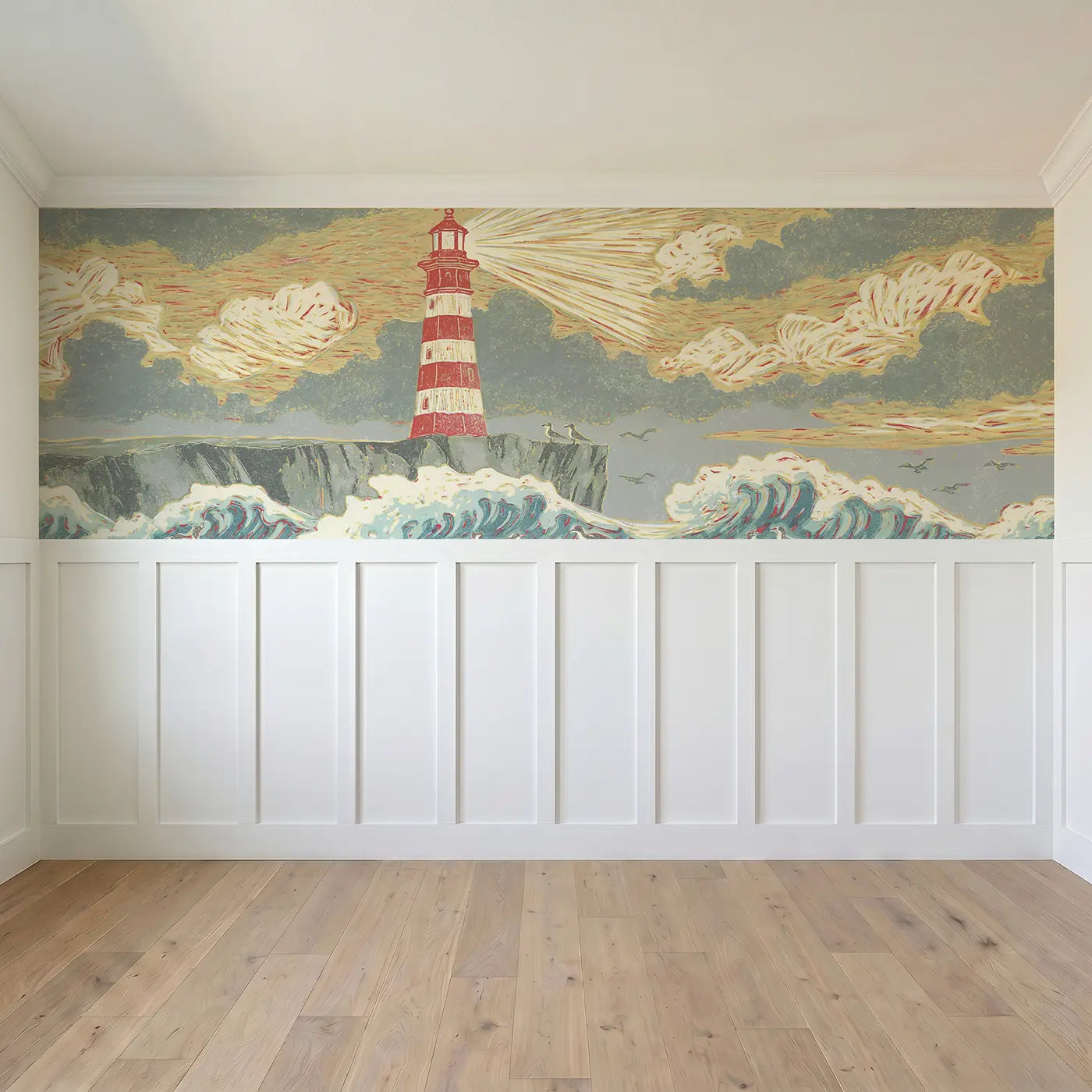 Full panel view of Block Print Lighthouse Wave Wainscoting Wallpaper by Whimsy Tots