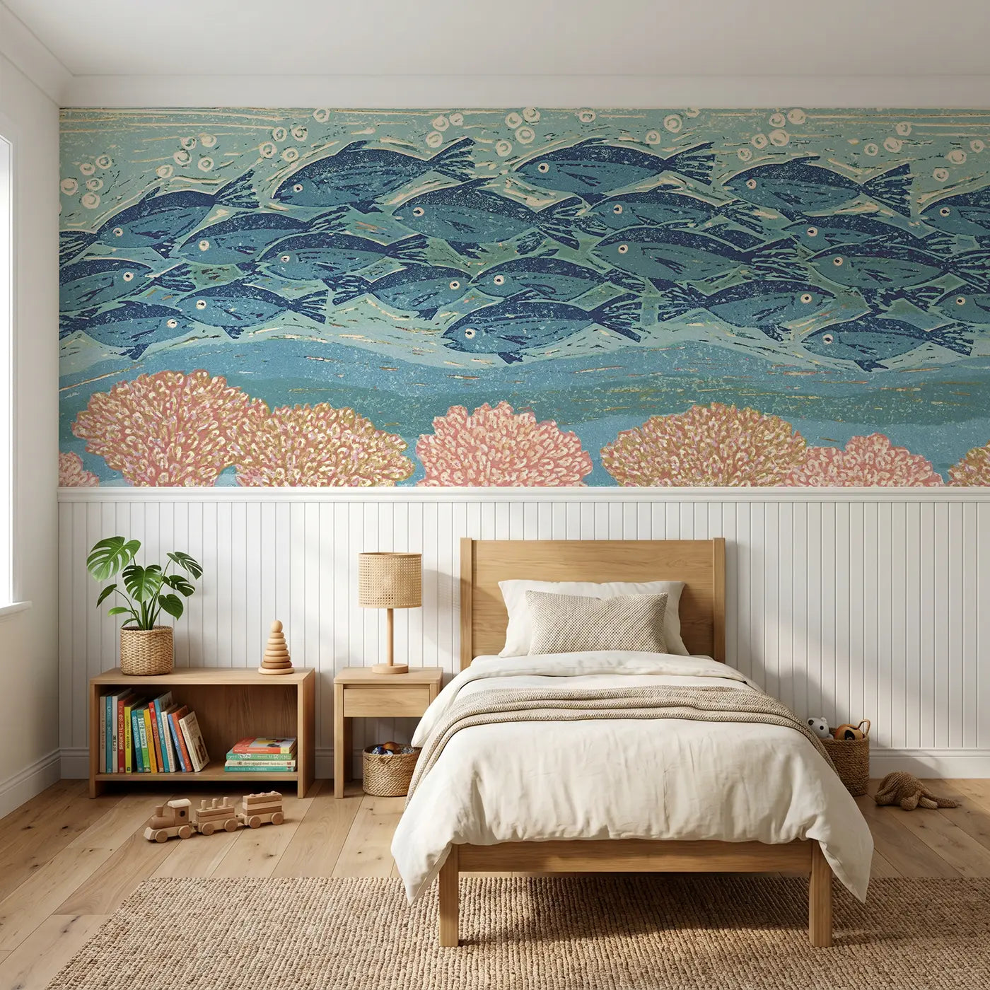 Block Print carved fish school reef wainscoting wallpaper for nursery by Whimsy Tots