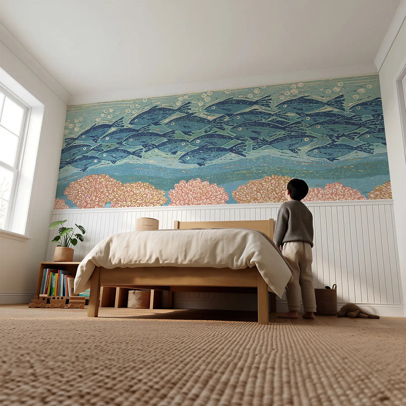 Child reading near Carved Fish School Reef Wainscoting Wallpaper by Whimsy Tots