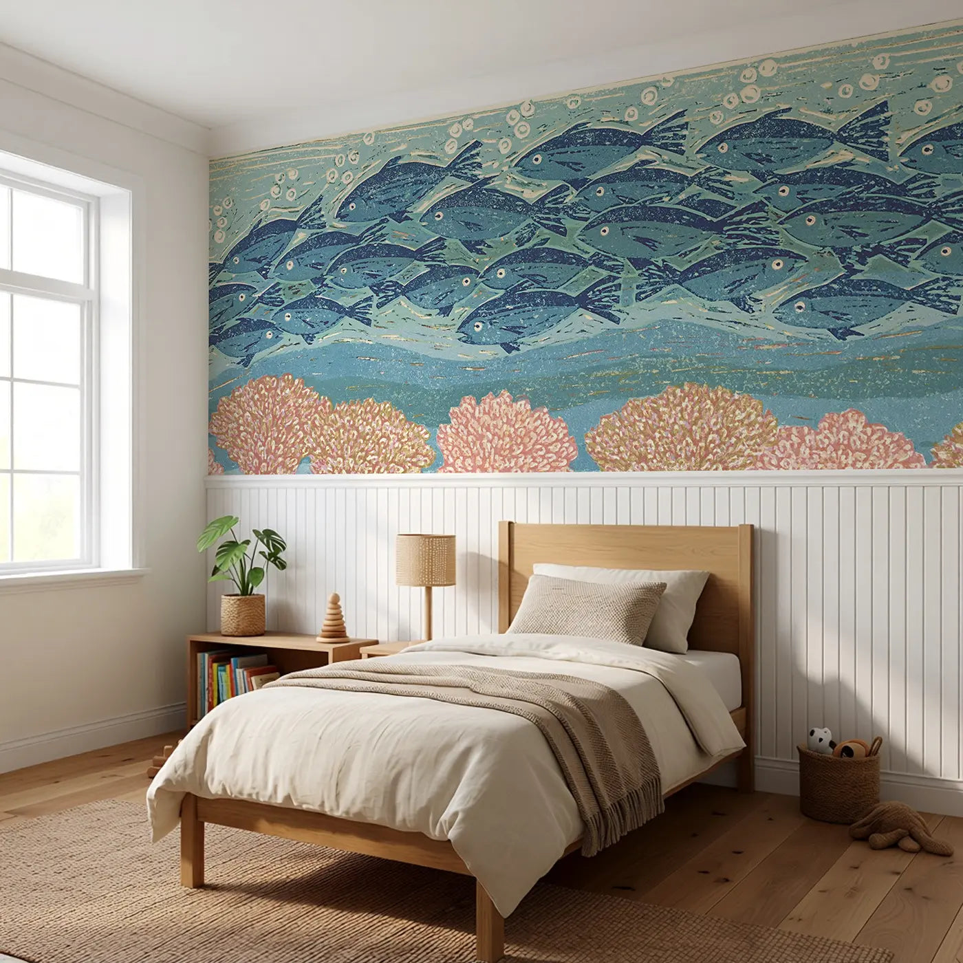Carved Fish School Reef Wainscoting Wallpaper styled in a kids bedroom by Whimsy Tots