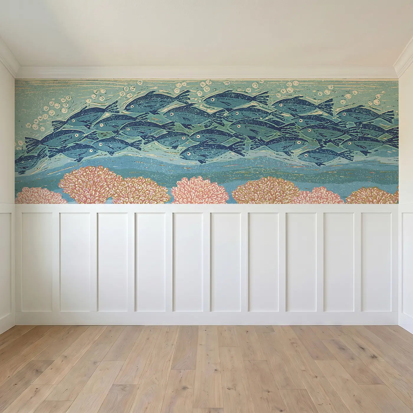 Full panel view of Carved Fish School Reef Wainscoting Wallpaper by Whimsy Tots