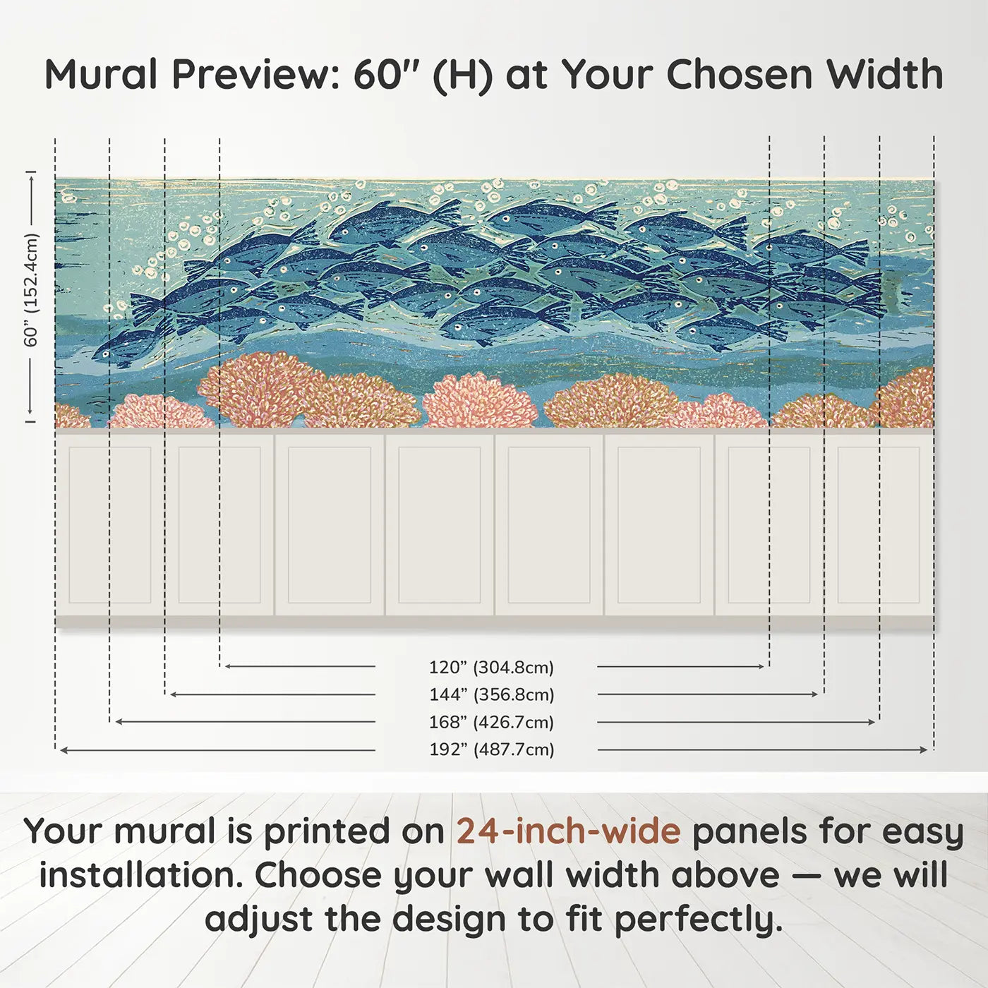 Panel dimensions for Carved Fish School Reef Wainscoting Wallpaper by Whimsy Tots