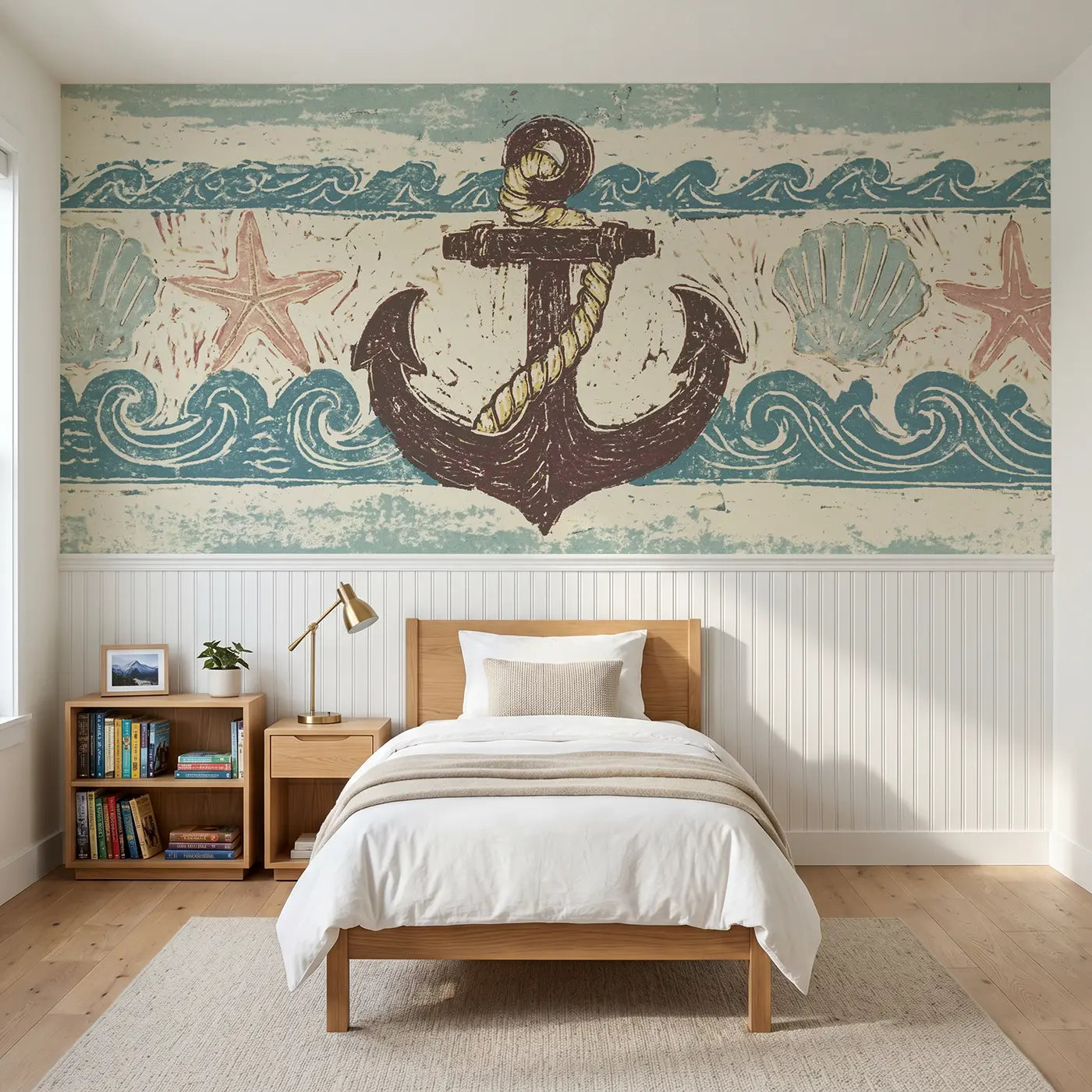 Block Print linocut anchor rope border wainscoting wallpaper for bedroom by Whimsy Tots