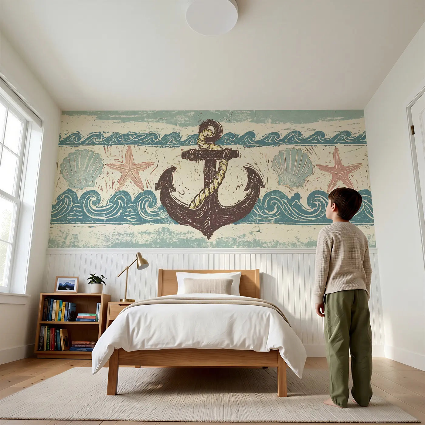 Child reading near Linocut Anchor Rope Border Wainscoting Wallpaper by Whimsy Tots