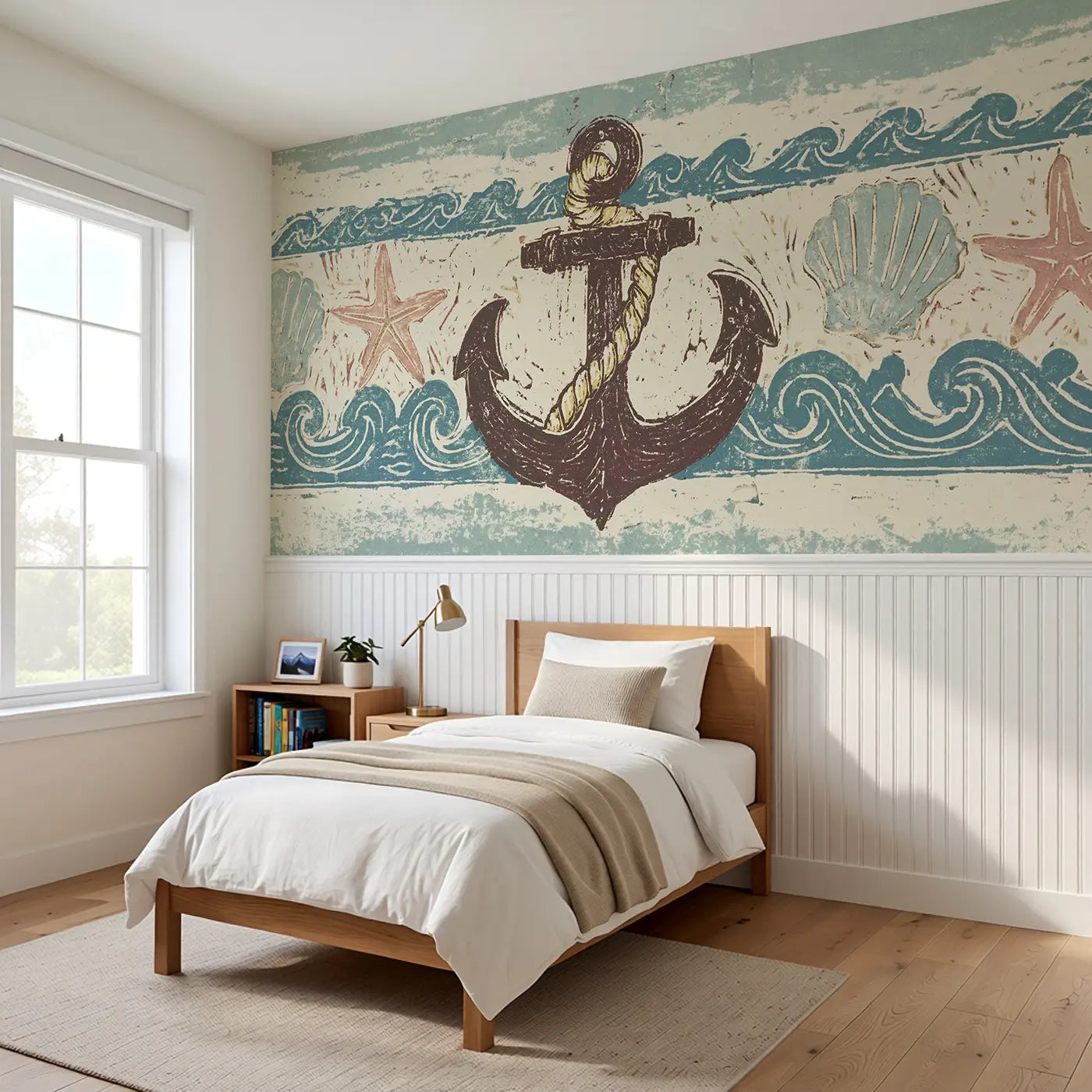Linocut Anchor Rope Border Wainscoting Wallpaper styled in a kids bedroom by Whimsy Tots