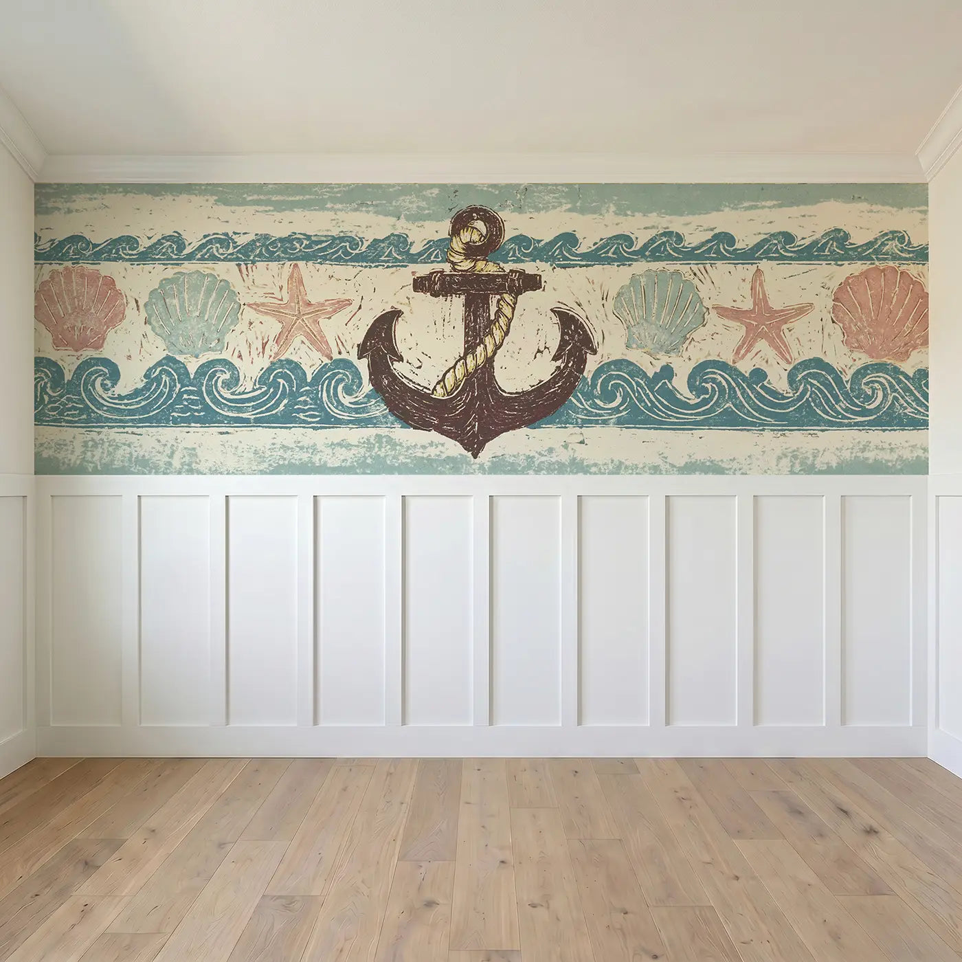Full panel view of Linocut Anchor Rope Border Wainscoting Wallpaper by Whimsy Tots