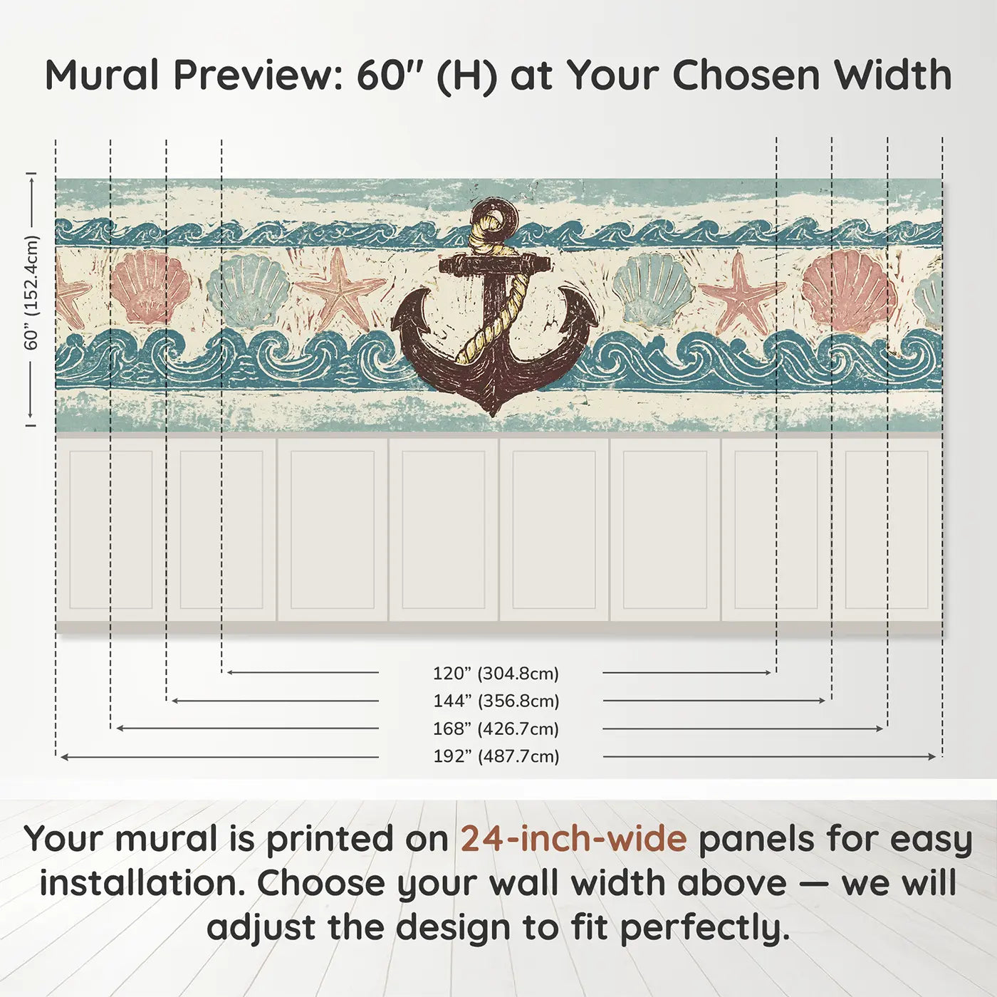 Panel dimensions for Linocut Anchor Rope Border Wainscoting Wallpaper by Whimsy Tots
