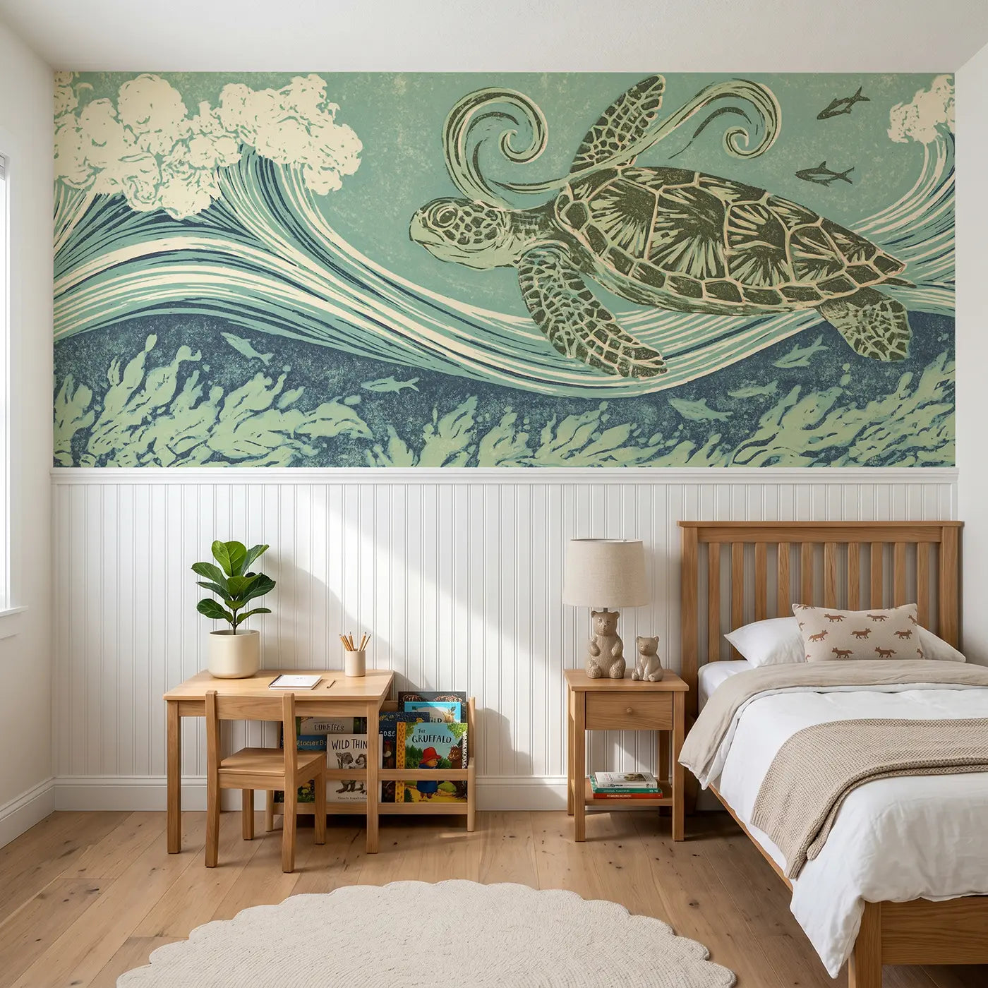 Block Print carved turtle current swim wainscoting wallpaper for nursery by Whimsy Tots