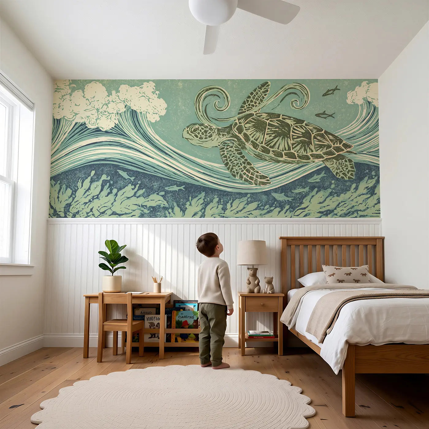 Child reading near Carved Turtle Current Swim Wainscoting Wallpaper by Whimsy Tots
