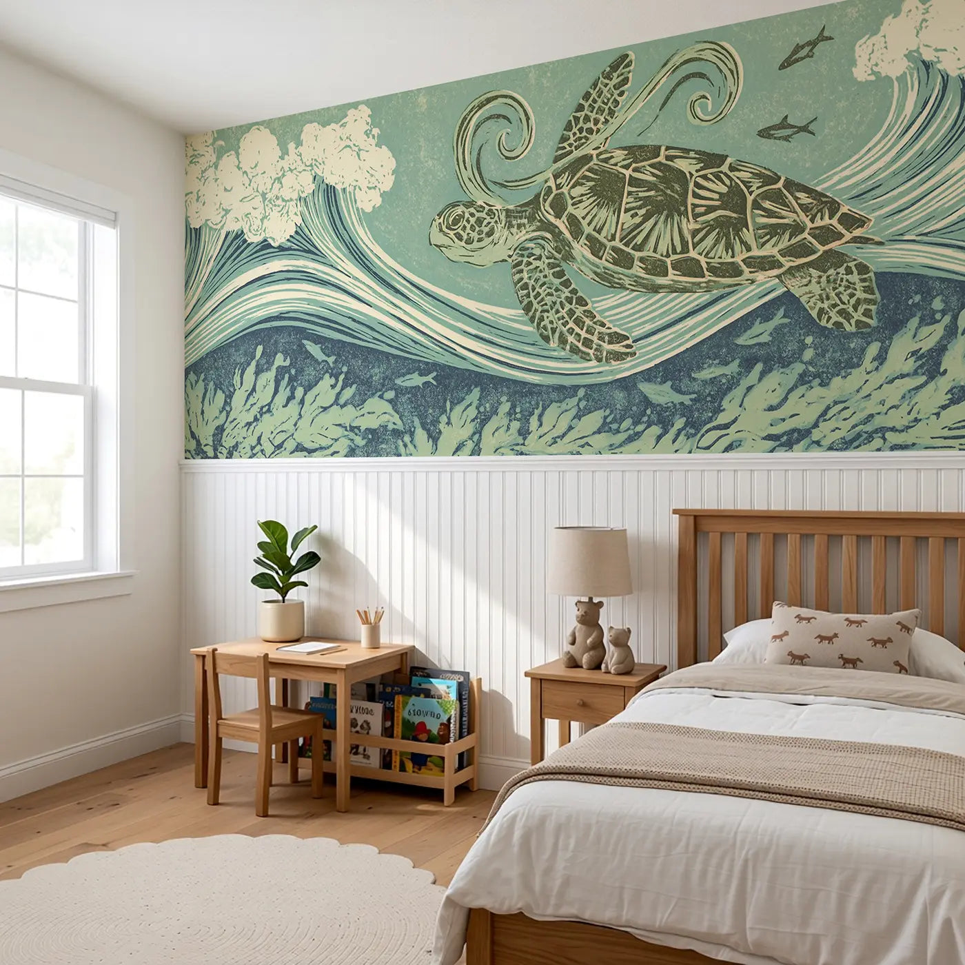 Carved Turtle Current Swim Wainscoting Wallpaper styled in a kids bedroom by Whimsy Tots