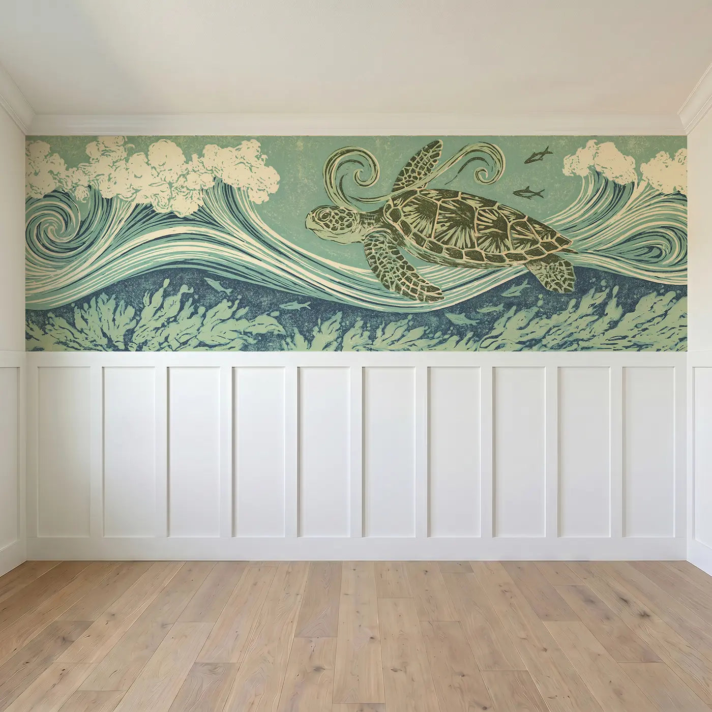 Full panel view of Carved Turtle Current Swim Wainscoting Wallpaper by Whimsy Tots