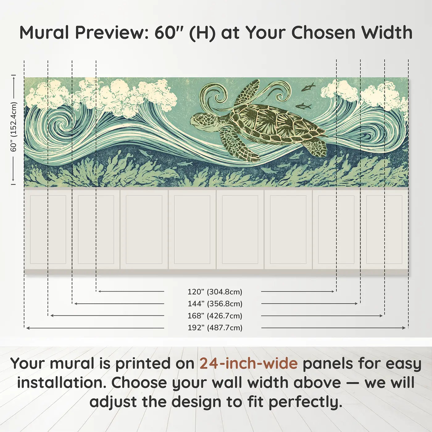 Panel dimensions for Carved Turtle Current Swim Wainscoting Wallpaper by Whimsy Tots