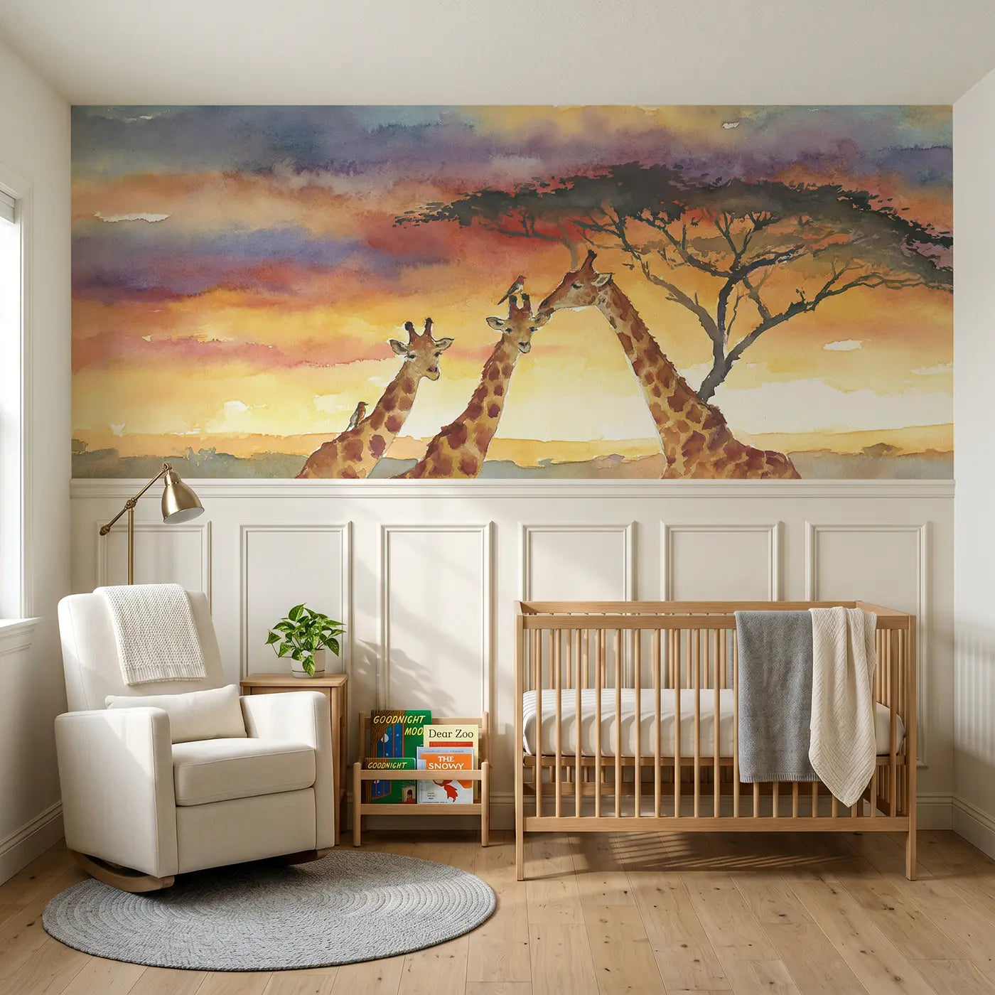 Watercolor giraffe acacia sunset wainscoting wallpaper for nursery by Whimsy Tots