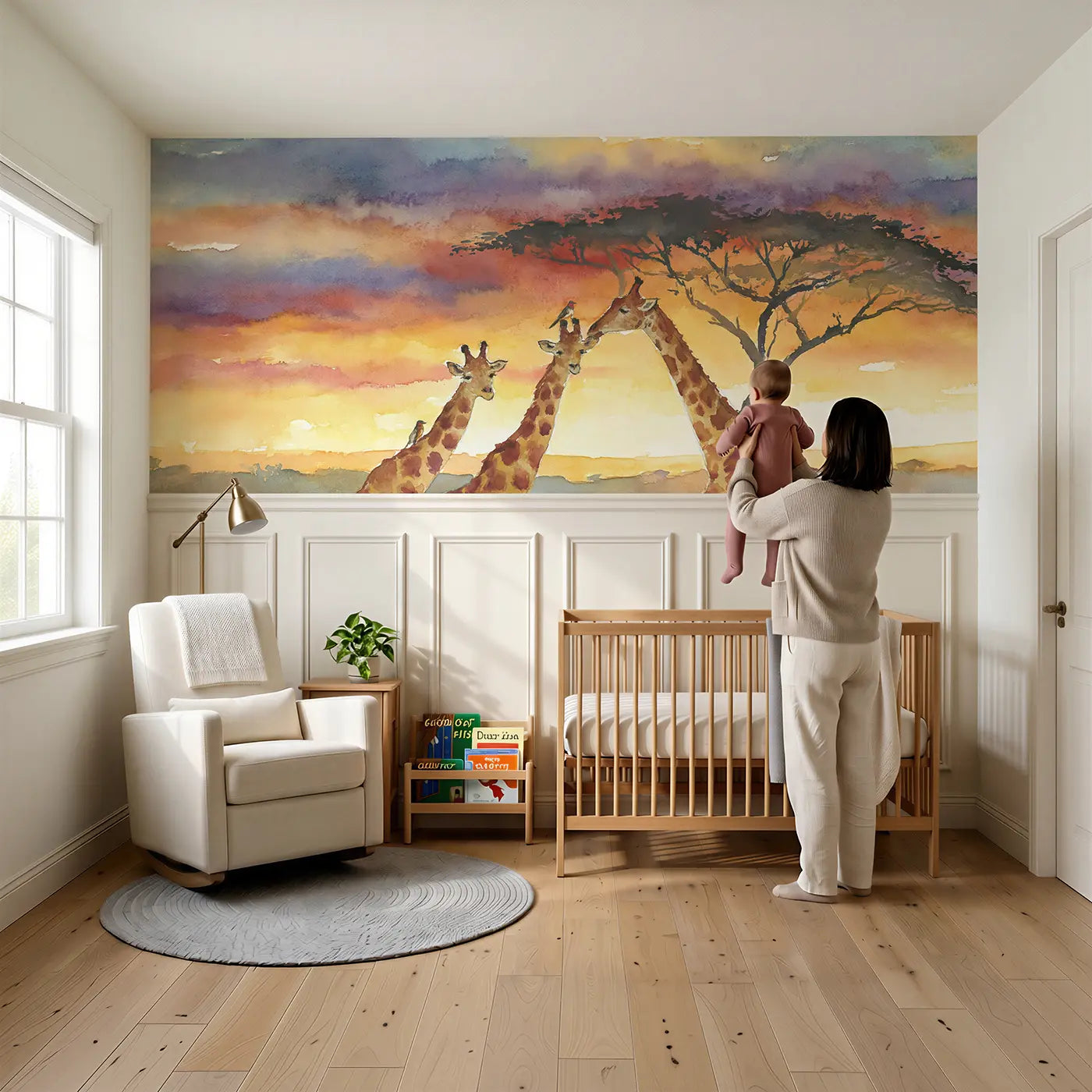 Child reading near Giraffe Acacia Sunset Wainscoting Wallpaper by Whimsy Tots