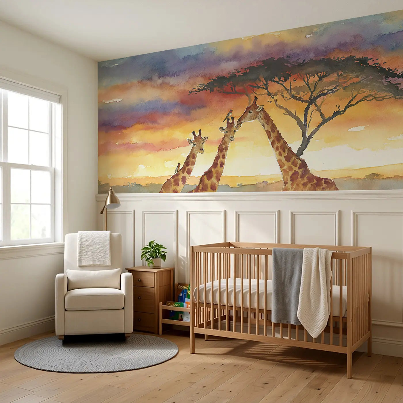 Giraffe Acacia Sunset Wainscoting Wallpaper styled in a kids bedroom by Whimsy Tots