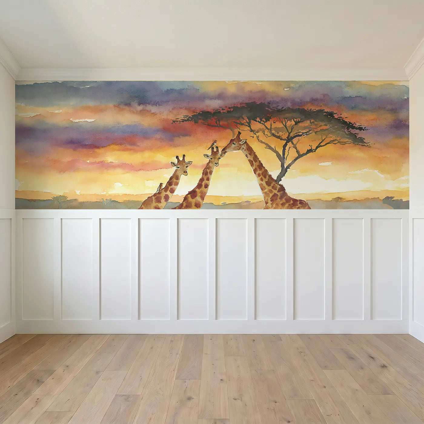 Full panel view of Giraffe Acacia Sunset Wainscoting Wallpaper by Whimsy Tots