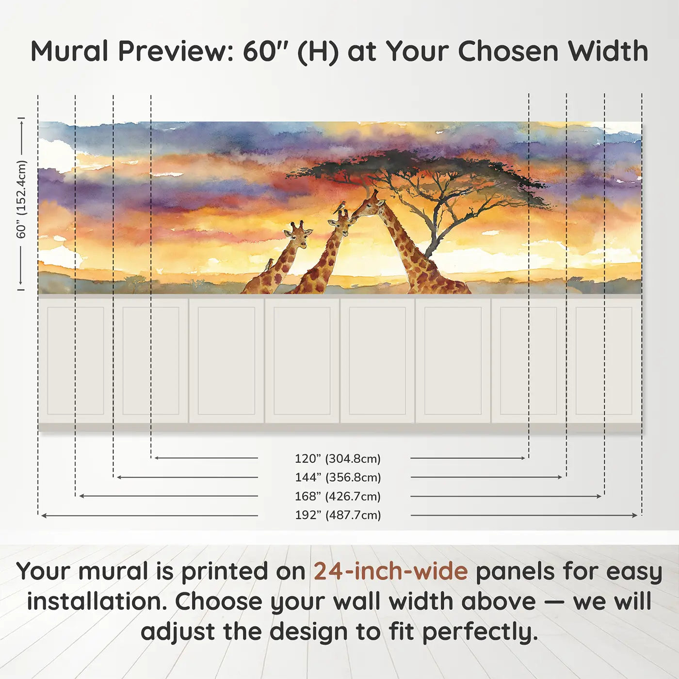 Panel dimensions for Giraffe Acacia Sunset Wainscoting Wallpaper by Whimsy Tots