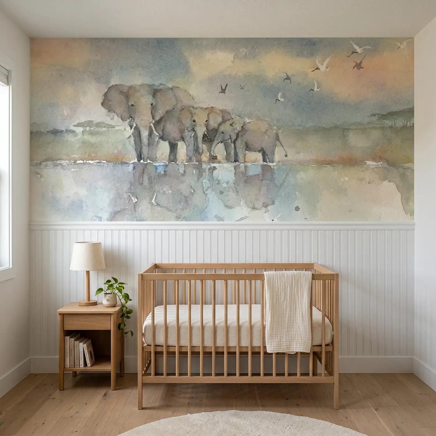 Watercolor elephant family waterhole wainscoting wallpaper for nursery by Whimsy Tots