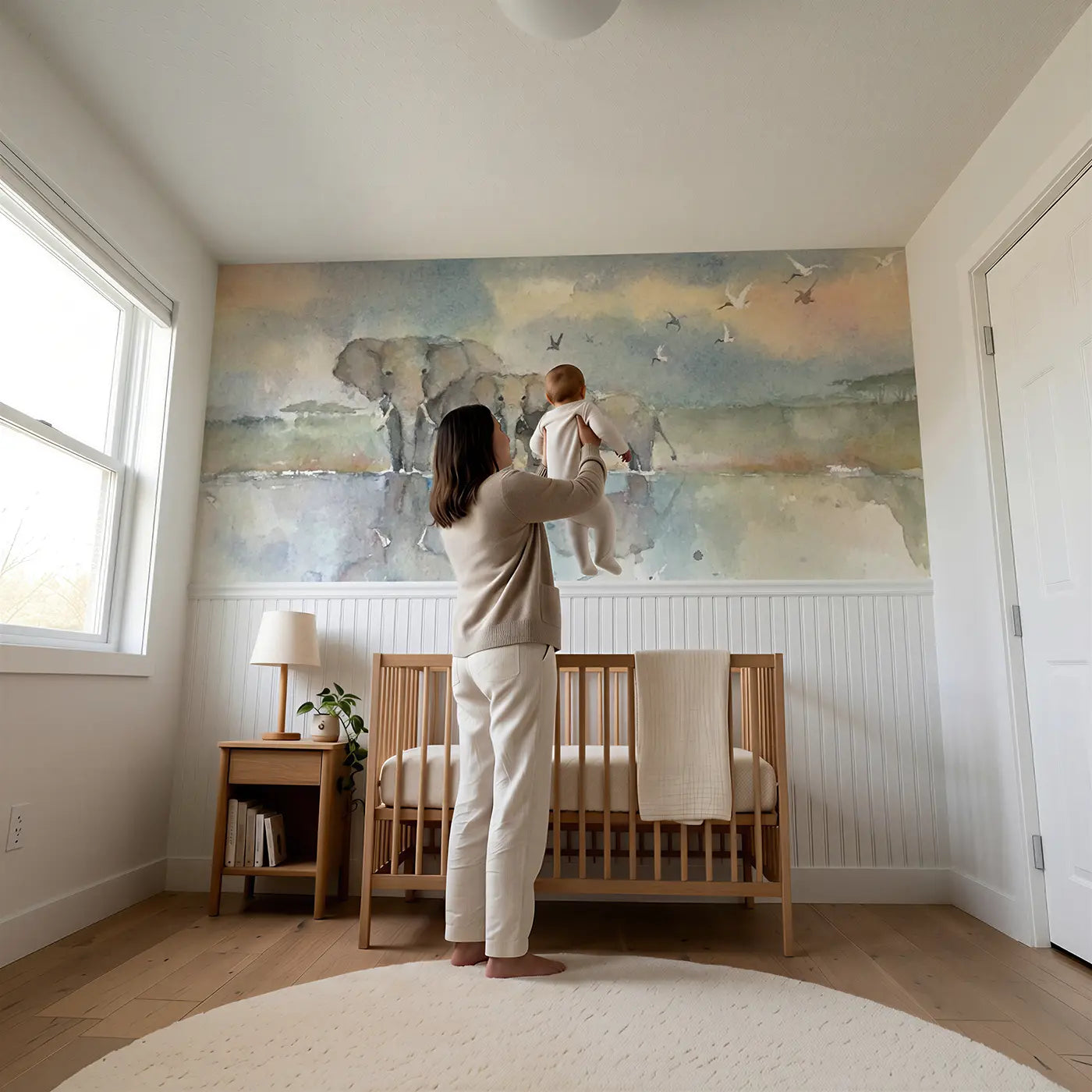 Child reading near Elephant Family Waterhole Wainscoting Wallpaper by Whimsy Tots