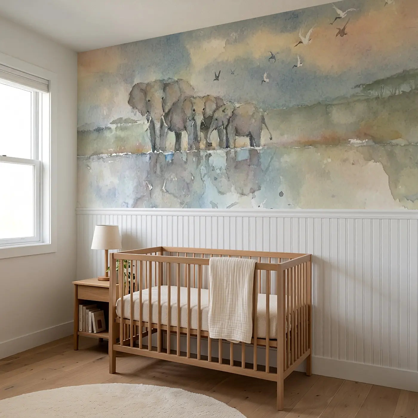 Elephant Family Waterhole Wainscoting Wallpaper styled in a kids bedroom by Whimsy Tots