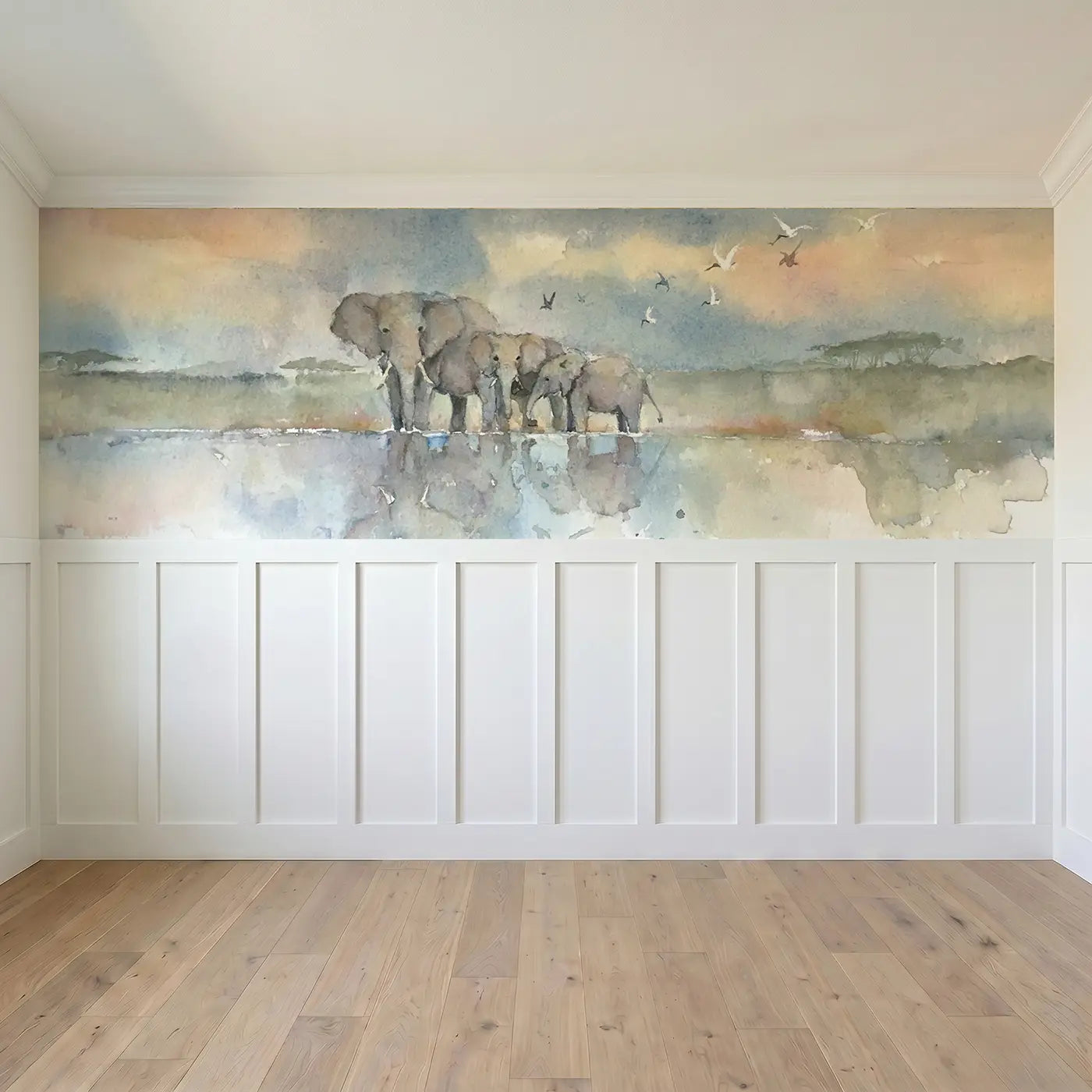 Full panel view of Elephant Family Waterhole Wainscoting Wallpaper by Whimsy Tots