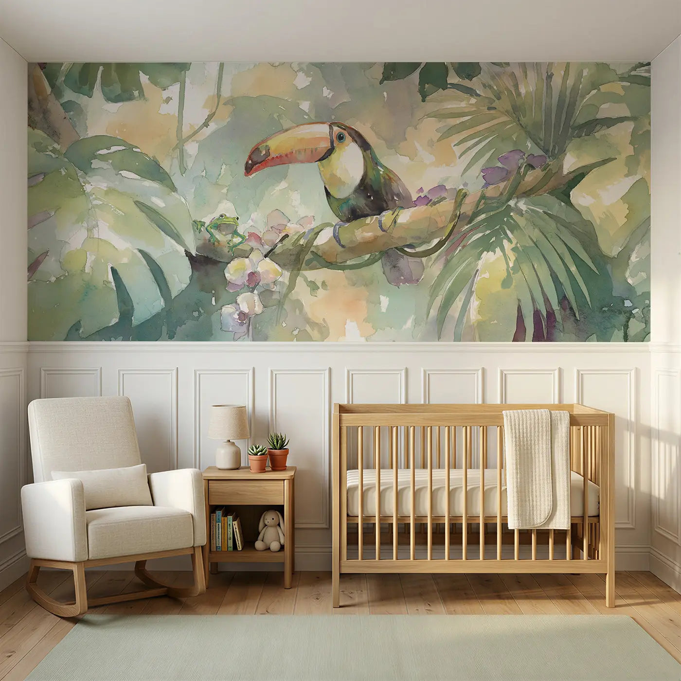 Watercolor jungle canopy toucan perch wainscoting wallpaper for nursery by Whimsy Tots