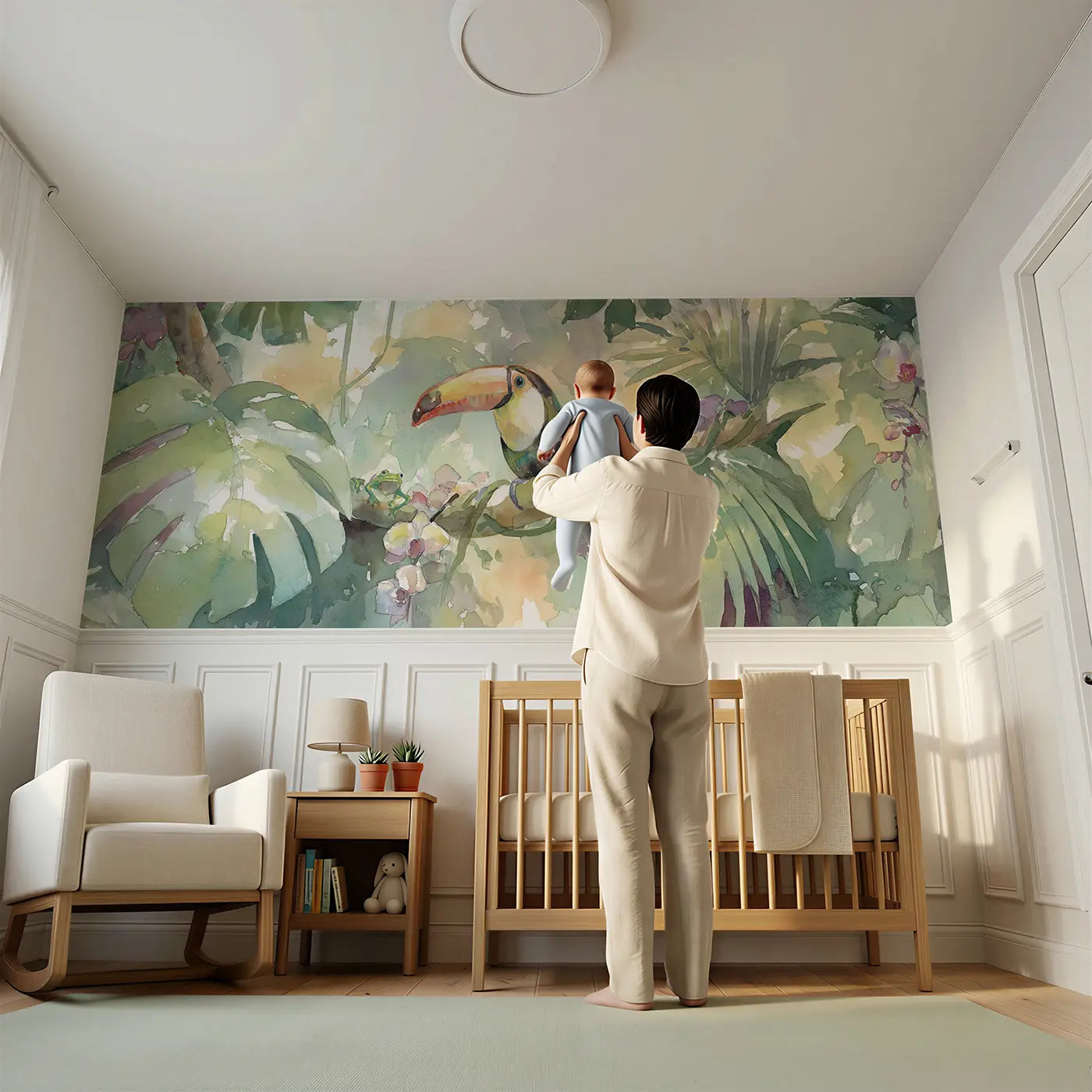 Child reading near Jungle Canopy Toucan Perch Wainscoting Wallpaper by Whimsy Tots