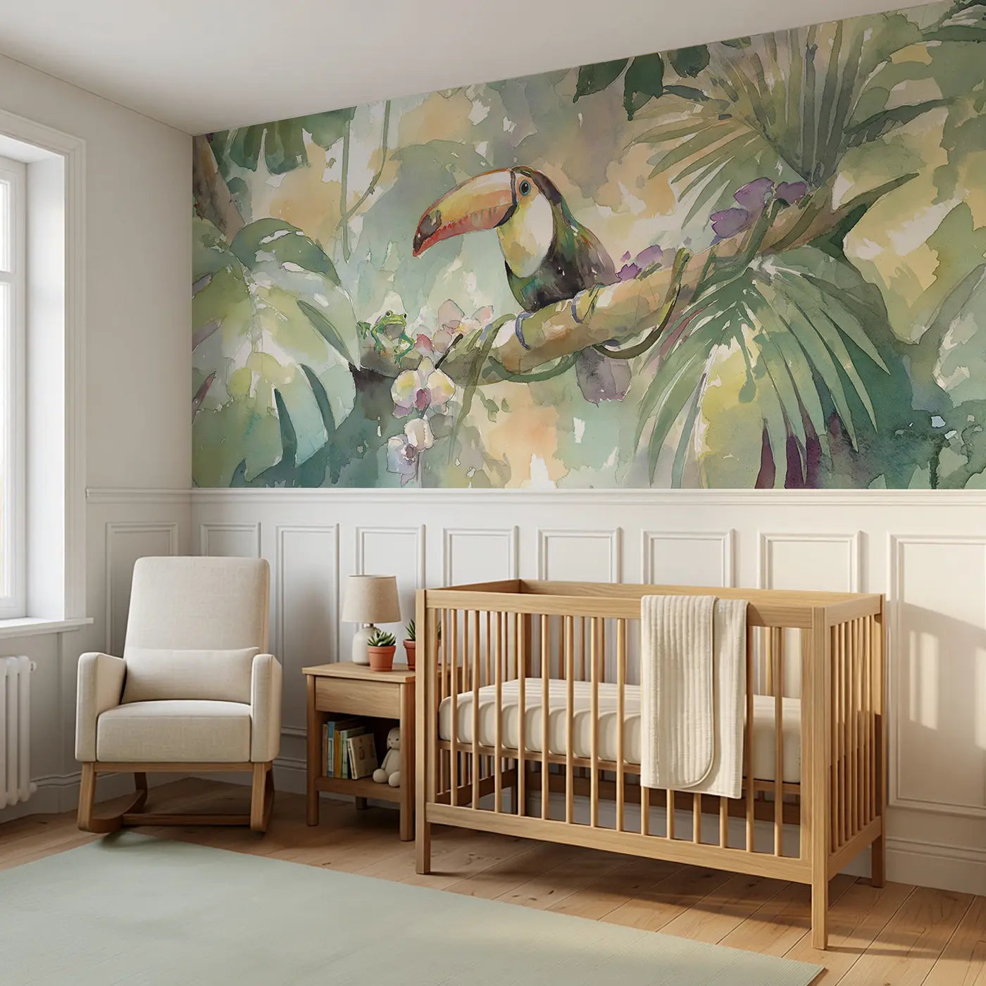 Jungle Canopy Toucan Perch Wainscoting Wallpaper styled in a kids bedroom by Whimsy Tots
