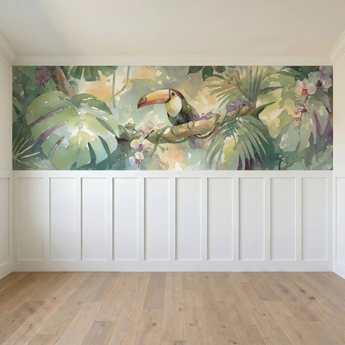 Full panel view of Jungle Canopy Toucan Perch Wainscoting Wallpaper by Whimsy Tots