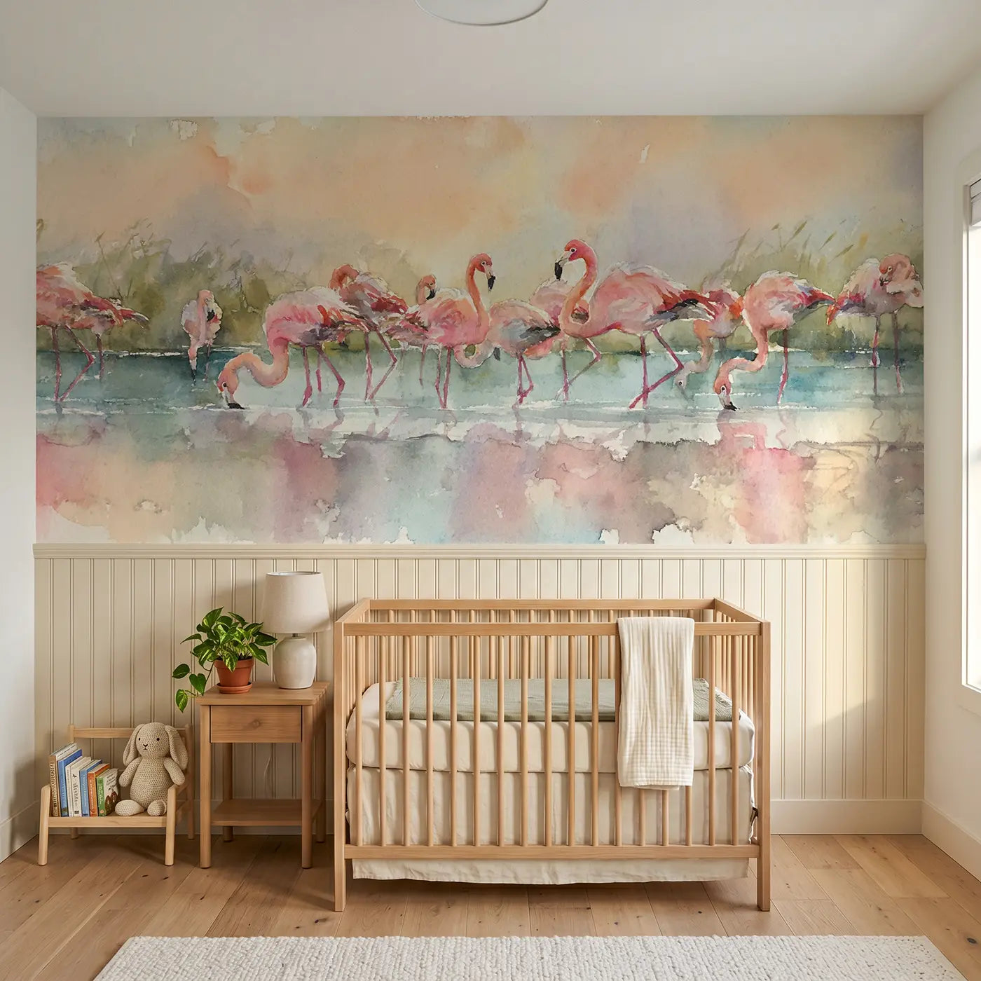 Watercolor flamingo lagoon reflection wainscoting wallpaper for nursery by Whimsy Tots